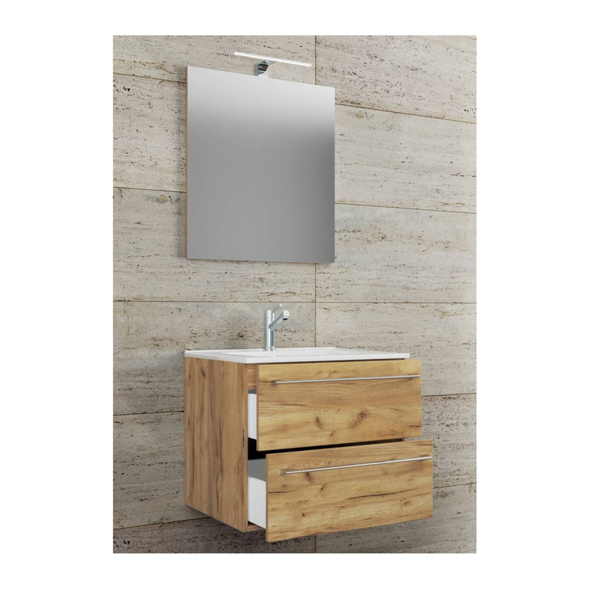 Badinos 3-tlg. Badmöbel-Set Waschplatz mit Unterschrank und Spiegel in Eiche Honig und Weiß, Wandmontage, B/H/T: 61 x 52 x 46 cm - Bild 3