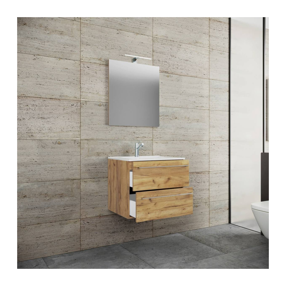 Badinos 3-tlg. Badmöbel-Set Waschplatz mit Unterschrank und Spiegel in Eiche Honig und Weiß, Wandmontage, B/H/T: 61 x 52 x 46 cm - Bild 4