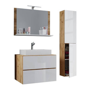 Badmöbel-Set Lendas Waschplatz 4-teilig in Weiß und Eiche Honig Nachbildung mit Keramik, B/H/T: 60 x 52 x 52 cm