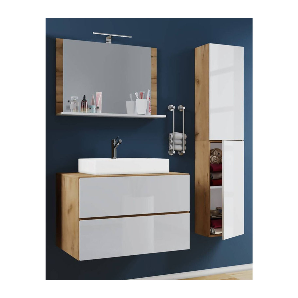 Badmöbel-Set Lendas Waschplatz 4-teilig in Weiß und Eiche Honig Nachbildung mit Keramik, B/H/T: 60 x 52 x 52 cm - Bild 2