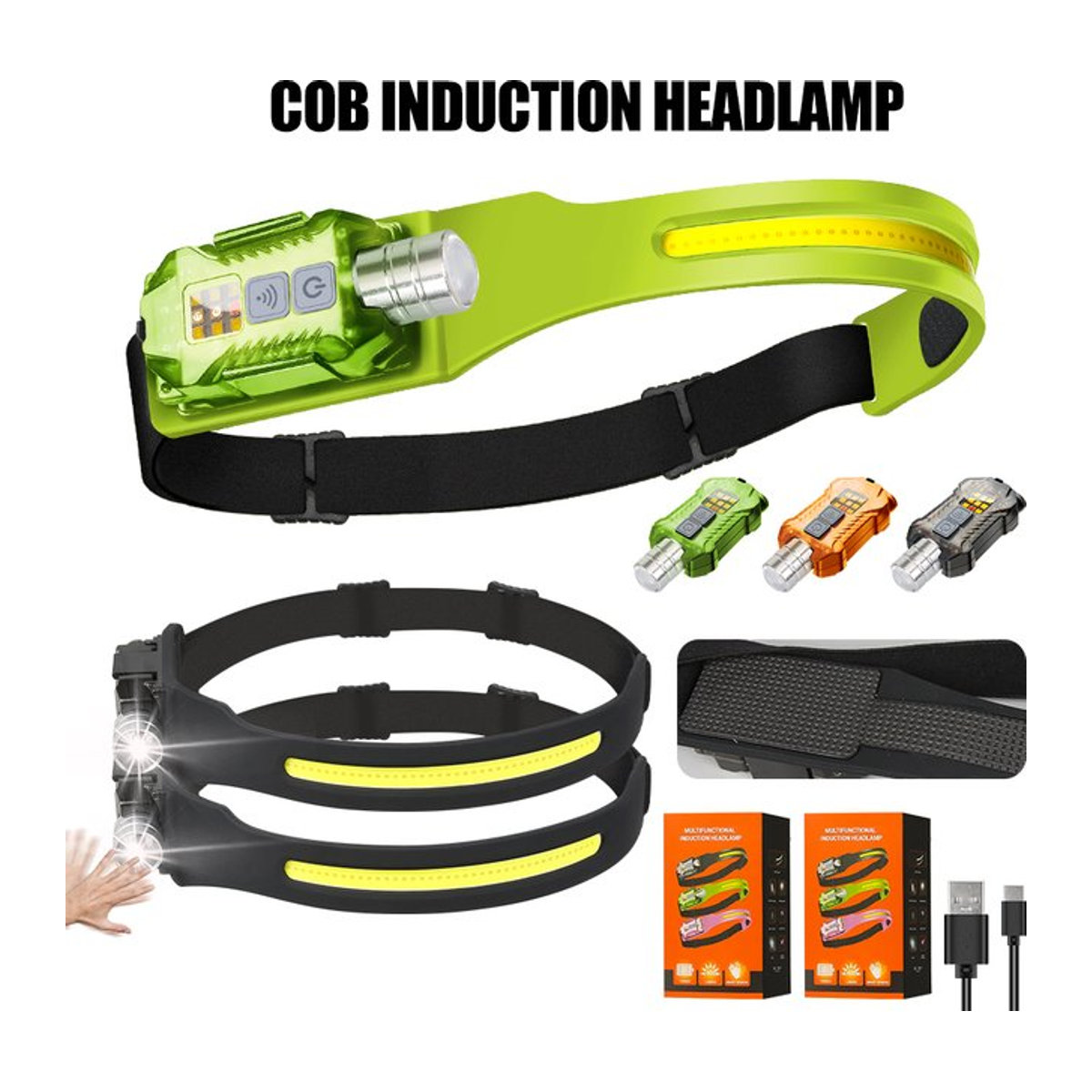 BALDR Induktionsscheinwerfer mit COB-LED-Sensor und wiederaufladbarem Akku, Stirnlampe und Taschenlampe mit 9 Beleuchtungsmodi via USB - Bild 1