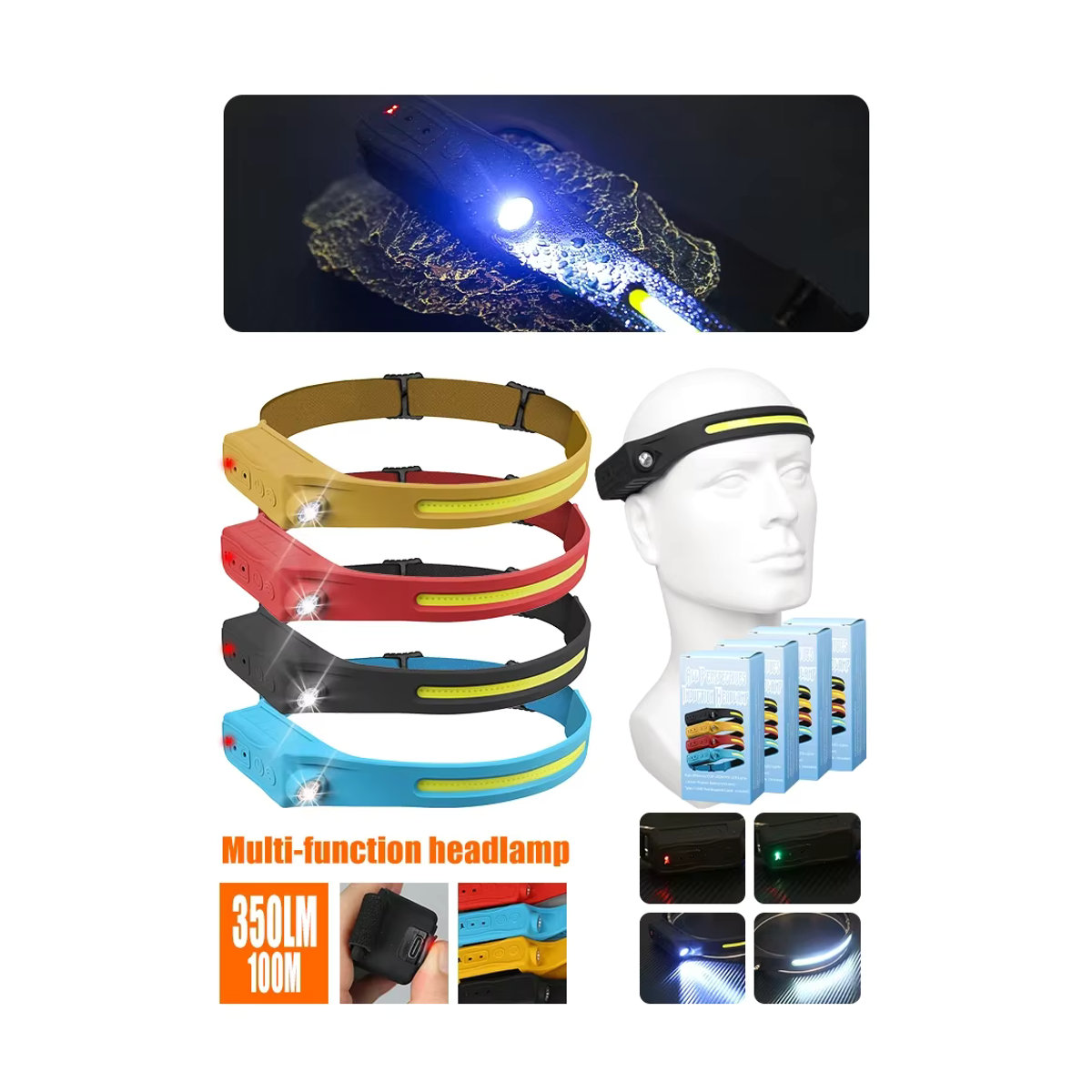 BALDR LED Stirnlampe mit XPE und COB Sensor, USB aufladbare Kopf-Taschenlampe für Angeln und Camping - Bild 7