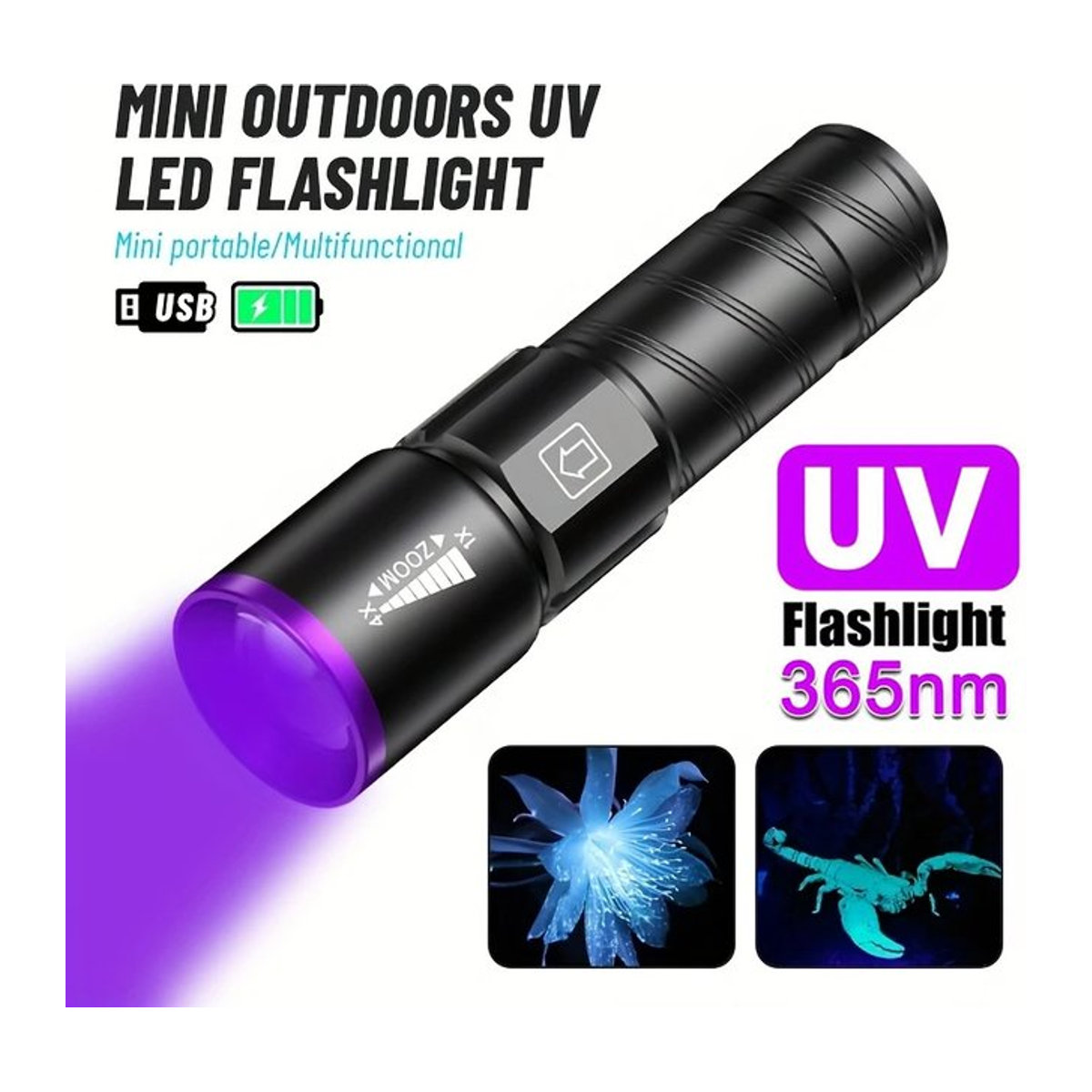 BALDR LED-UV-Taschenlampe Typ C mit Zoom und Wiederaufladefunktion, 395 nm violettes Licht zur Detektion von Geldscheinen, Tintentrocknung und UV-Ölhärtung - Bild 1