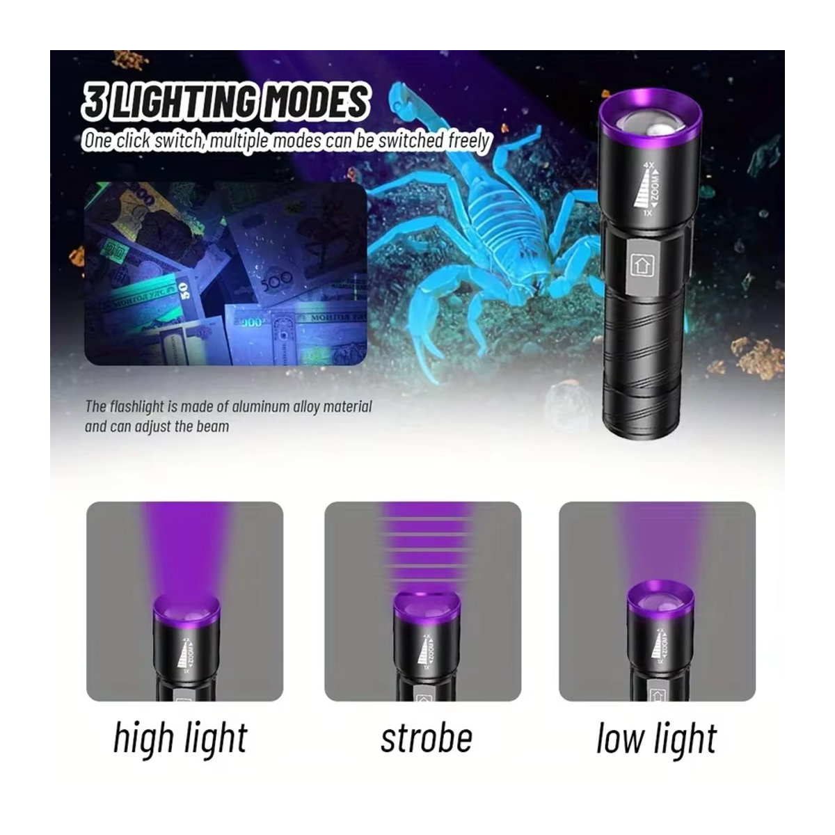 BALDR LED-UV-Taschenlampe Typ C mit Zoom und Wiederaufladefunktion, 395 nm violettes Licht zur Detektion von Geldscheinen, Tintentrocknung und UV-Ölhärtung - Bild 2