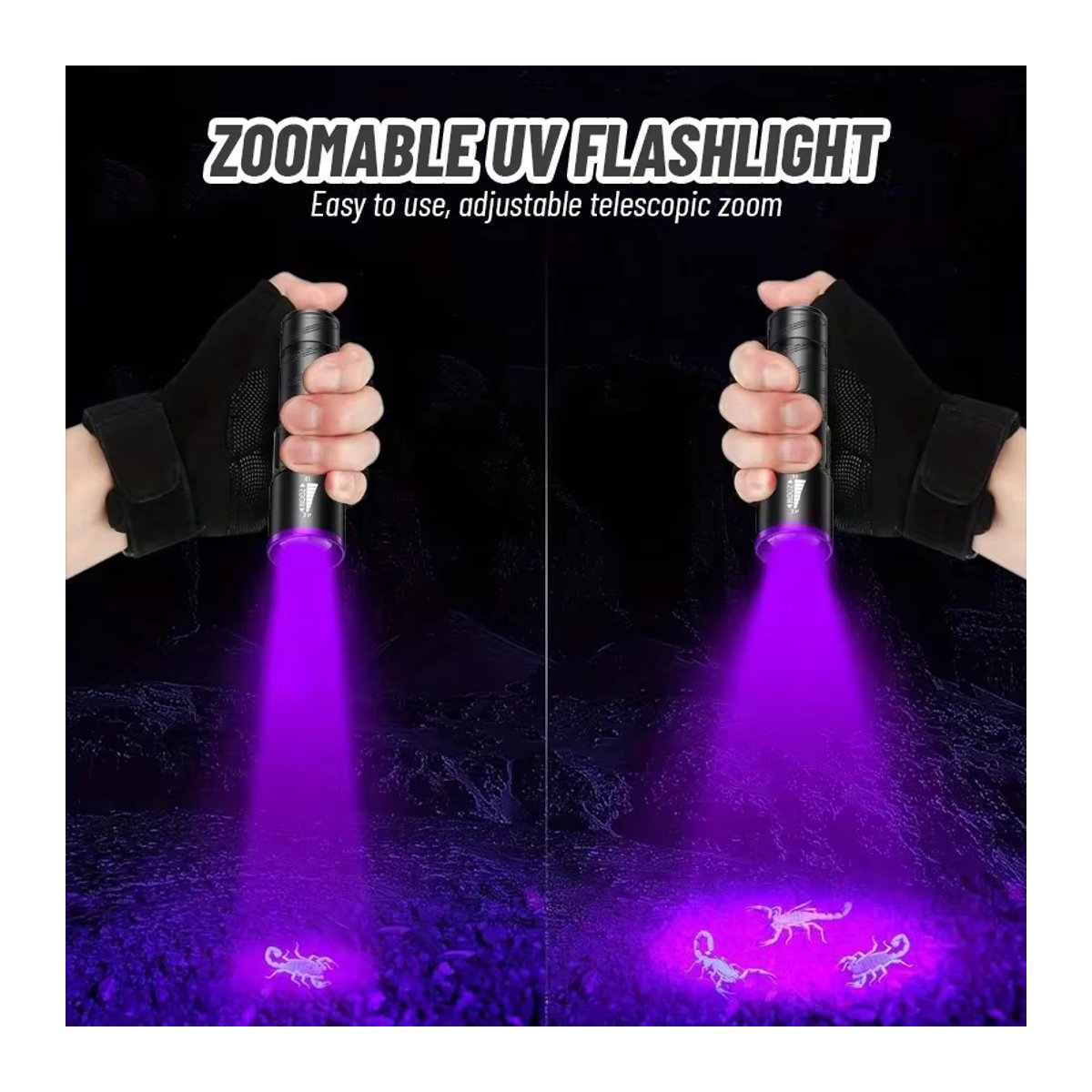 BALDR LED-UV-Taschenlampe Typ C mit Zoom und Wiederaufladefunktion, 395 nm violettes Licht zur Detektion von Geldscheinen, Tintentrocknung und UV-Ölhärtung - Bild 3