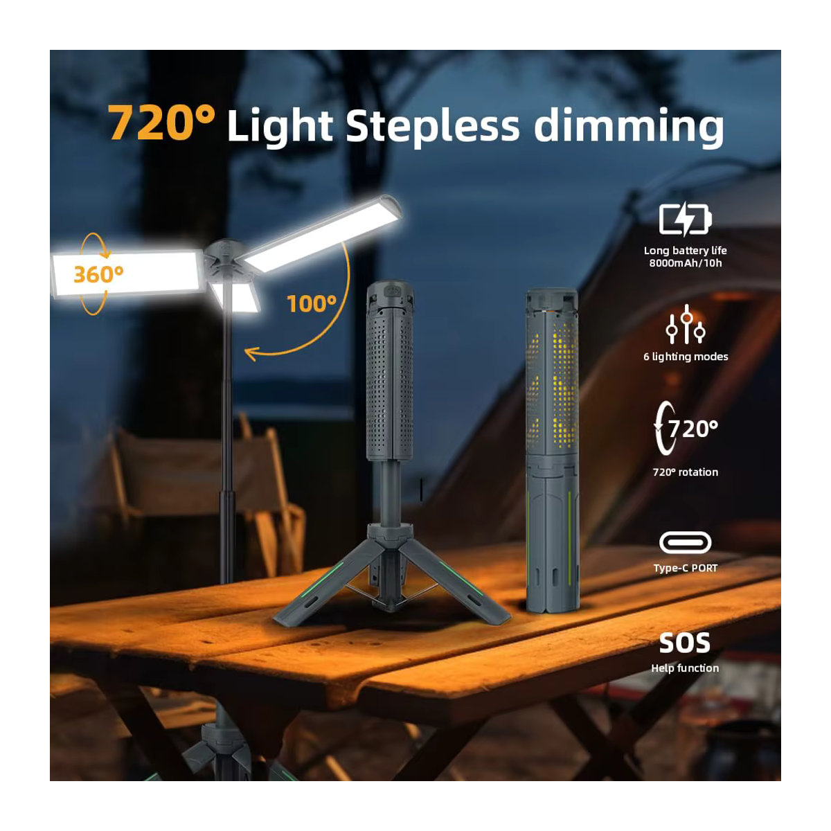 BALDR Teleskopische Campinglaterne mit 40-Zoll-Ständer, 8000mAh Akku, 1000LM LED Arbeitsleuchte und Stativfuß, Wasserdicht und Dimmbar - Bild 3