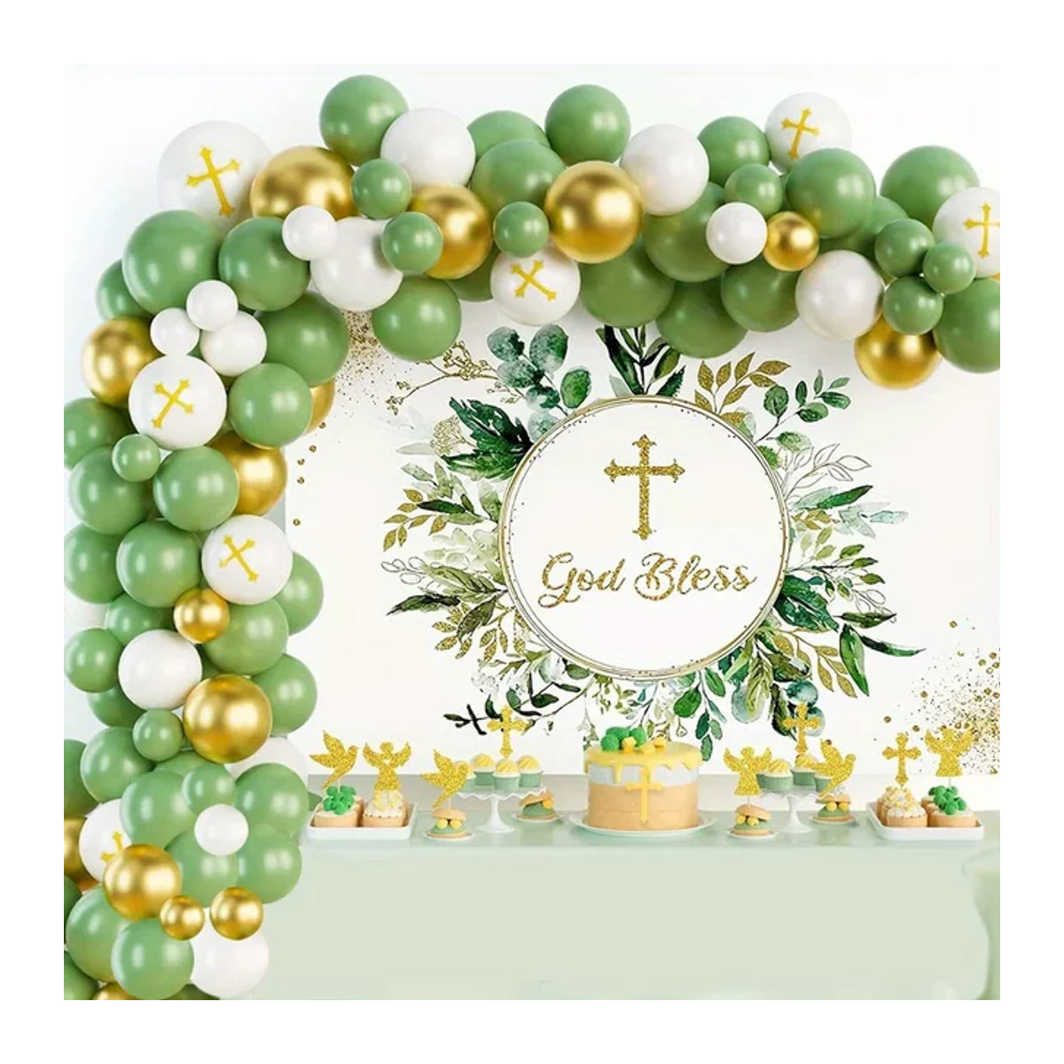 Ballon Girlande Bogen Kit Gott segne Eucharistie in Grün und Weiß für Erstkommunion und Taufe als Indoor und Outdoor Dekor - Bild 1