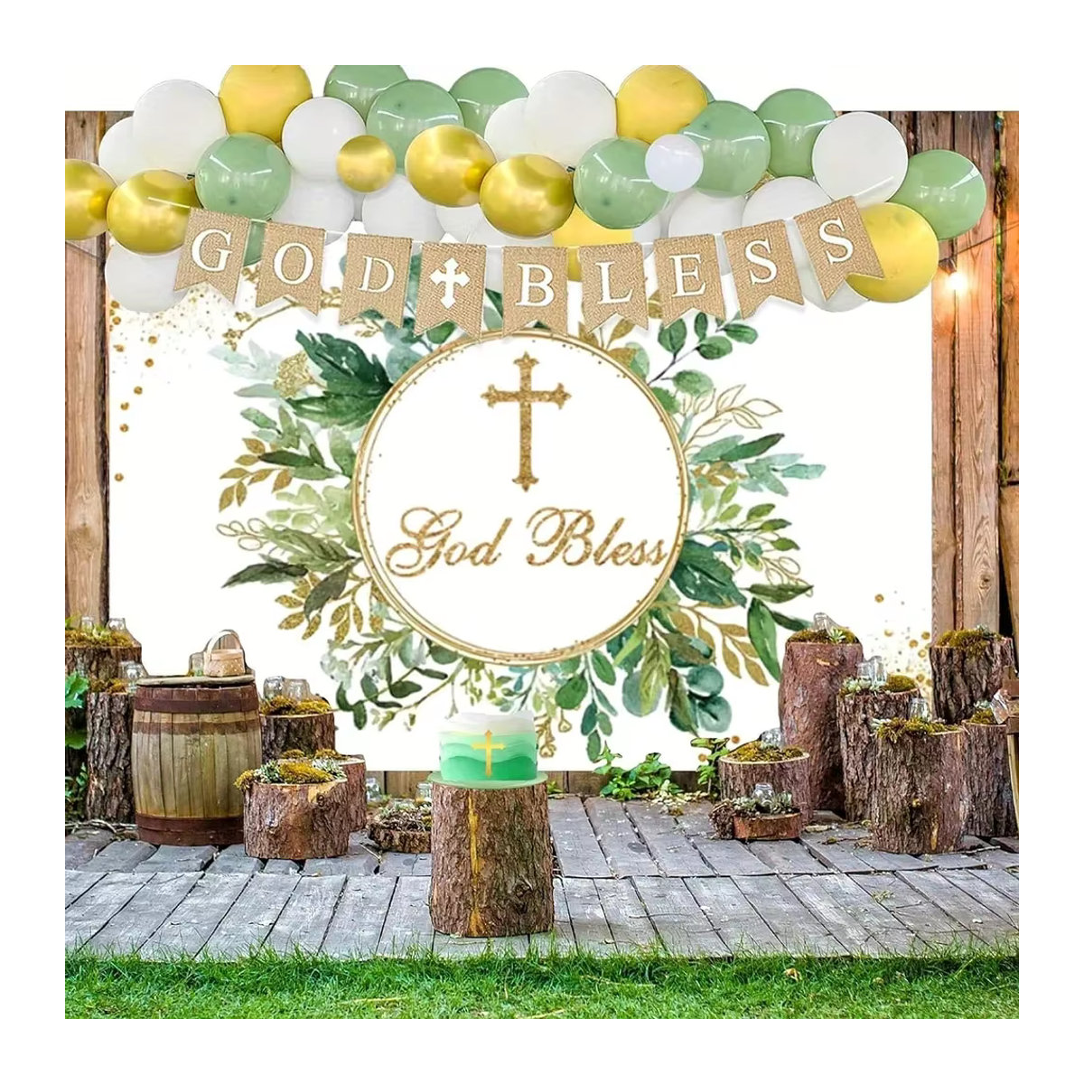 Ballon Girlande Bogen Kit Gott segne Eucharistie in Grün und Weiß für Erstkommunion und Taufe als Indoor und Outdoor Dekor - Bild 2