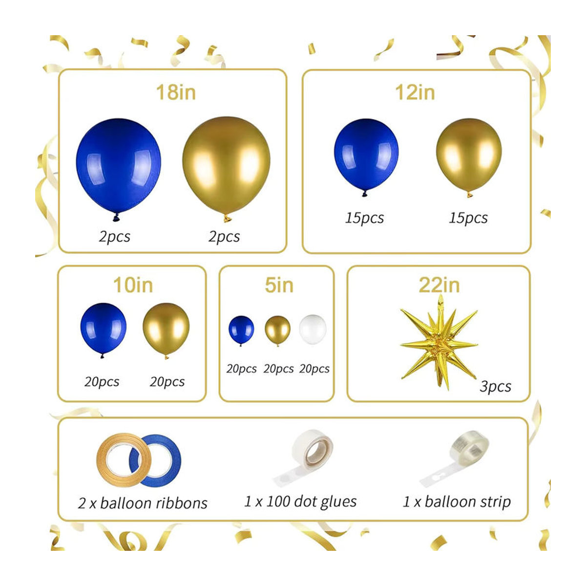Ballon Girlande Bogen Set in Königsblau, Gold und Weiß mit Stern Aluminiumfolienballons für Geburtstag, Abschluss, Jubiläum oder Ruhestand Dekoration - Bild 3