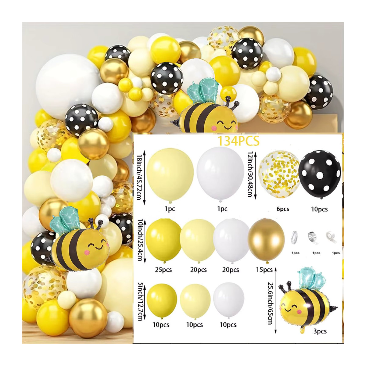 Ballon-Set Bogen in Gelb und Mehrfarbig mit Bienen-Aluminiumfolienballons für Geburtstage und Partys - Bild 3