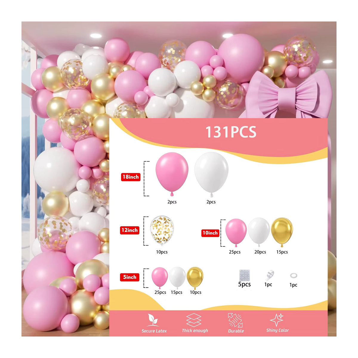 Ballonbogen-Set in Rosa, Weiß und Gold für Geburtstage und Hochzeiten - Bild 3