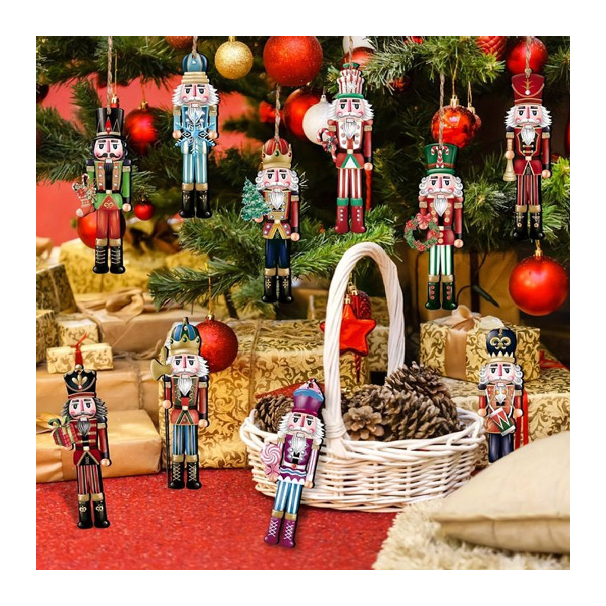 BALONAQ 12er Set Weihnachts-Nussknacker-Soldaten aus Holz als mehrfarbige Hängeornamente für deinen Weihnachtsbaum - Bild 1