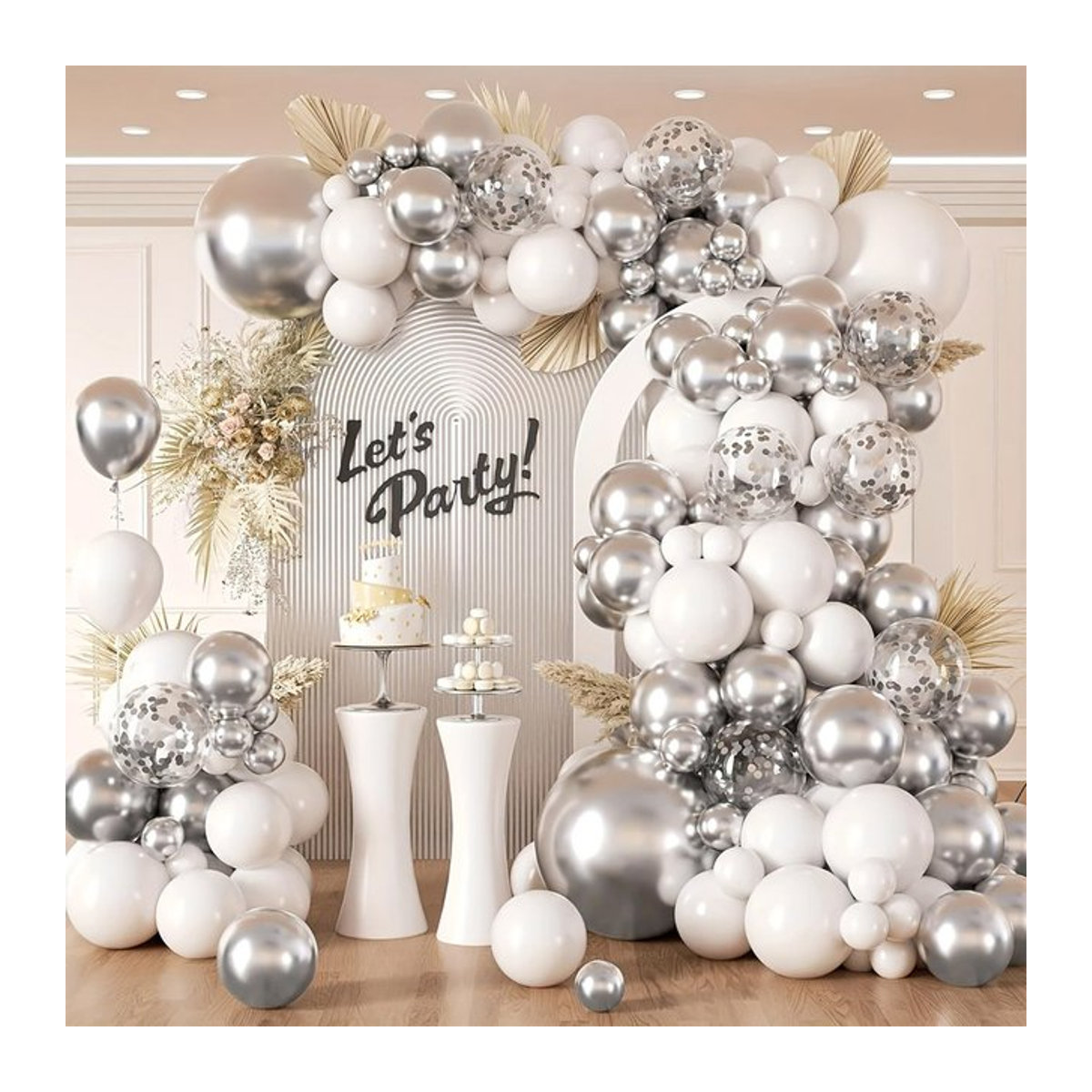 BALONAQ Luftballon-Set aus Latex mit 135 Stück in Weiß und Silber für Boho-Dekorationen bei Geburtstag, Hochzeit oder Babyparty - Bild 1