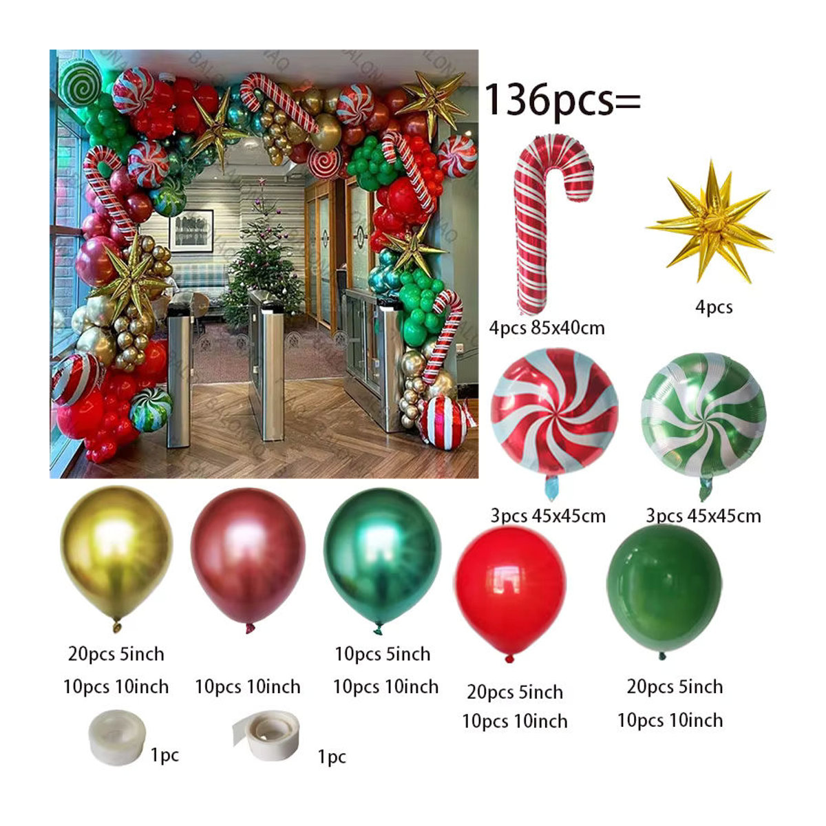BALONAQ Weihnachts Ballon Girlande Bogen Kit in Rot, Grün und Chrom Gold zur Weihnachtsdekoration - Bild 2