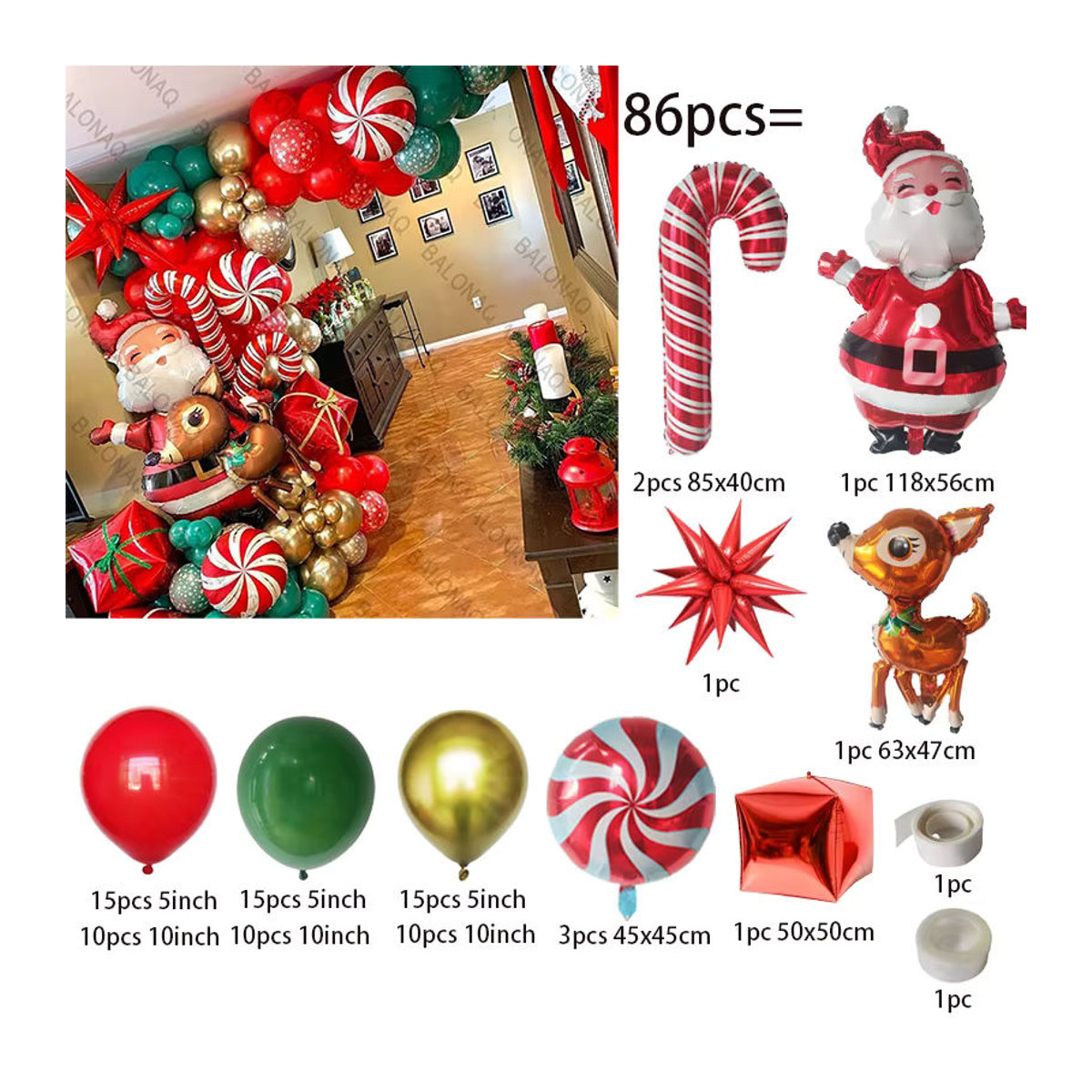 BALONAQ Weihnachtsballon Girlande Bogen Kit in Rot mit Candy Cane Folienballons und Weihnachtsmann für deine Weihnachtsdekoration - Bild 2