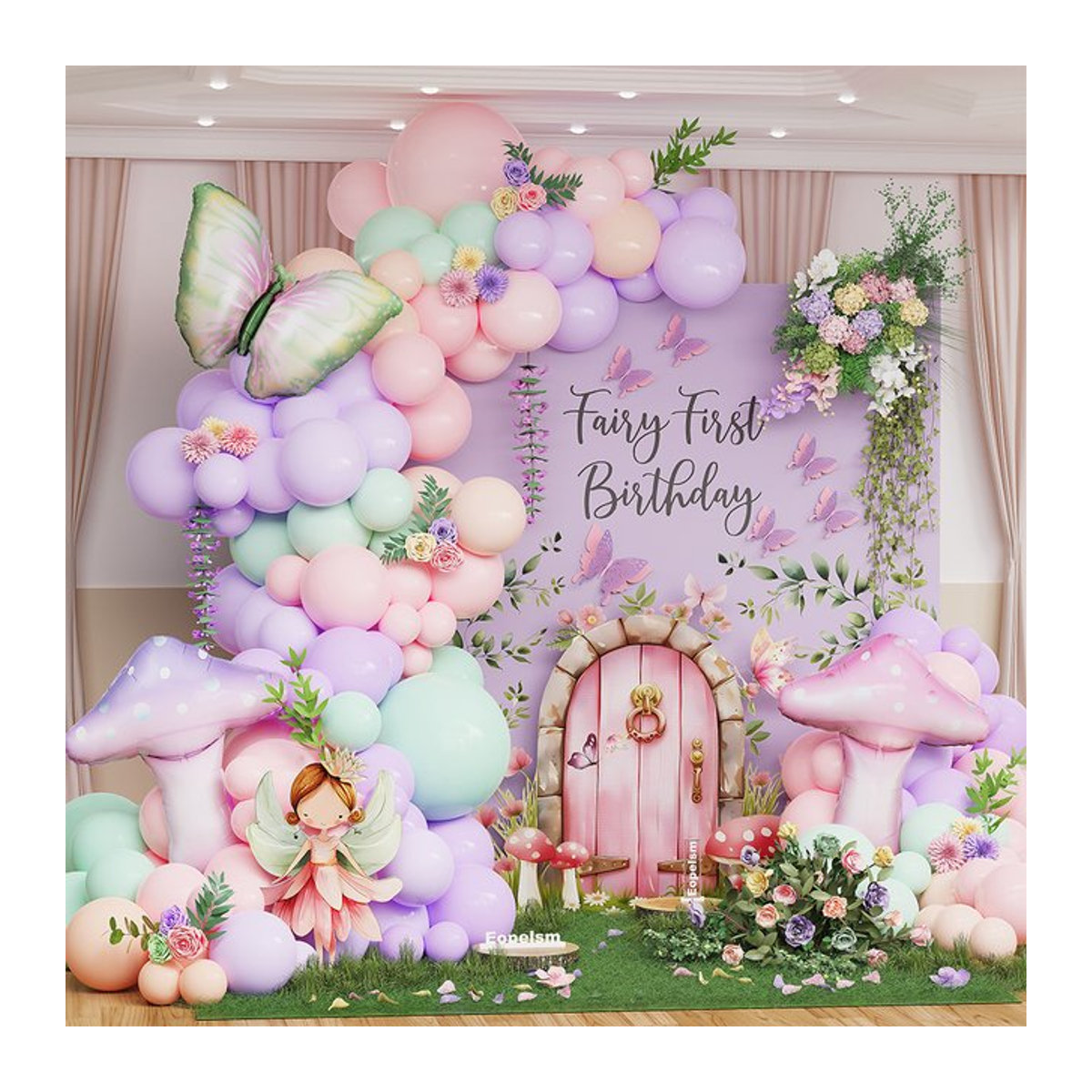 BALONAR 102-teiliges Feenwunderland Ballon-Girlanden-Set in Grün, Rosa und Lila mit Schmetterlingen, Pilzen und Folienballons für deine Babyparty oder deinen Geburtstag - Bild 1