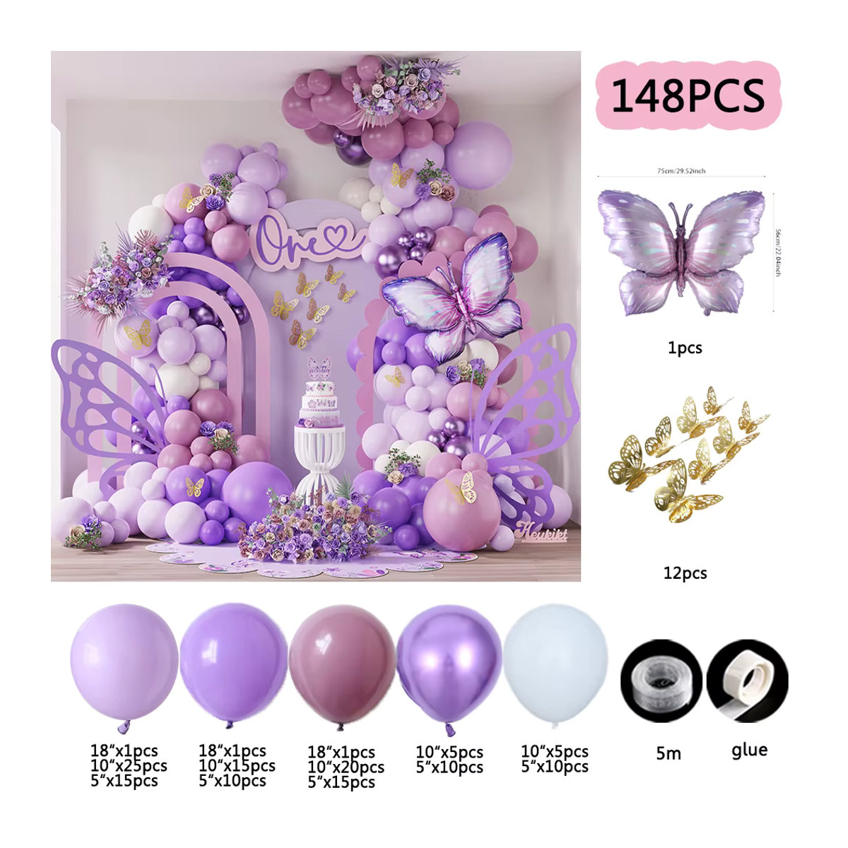 BALONAR Ballon-Set mit Schmetterling-Girlande in Lila und Rosa für Geburtstag, Babyparty oder Hochzeit - Bild 3