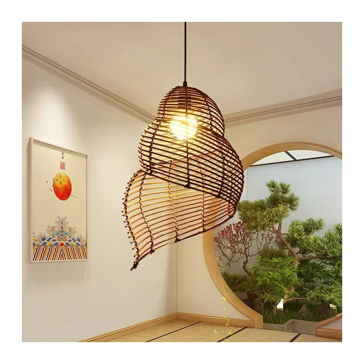 Bambus Pendelleuchte in Schneckenform aus Rattan in Braun für Wohnzimmer und Arbeitszimmer - Bild 2