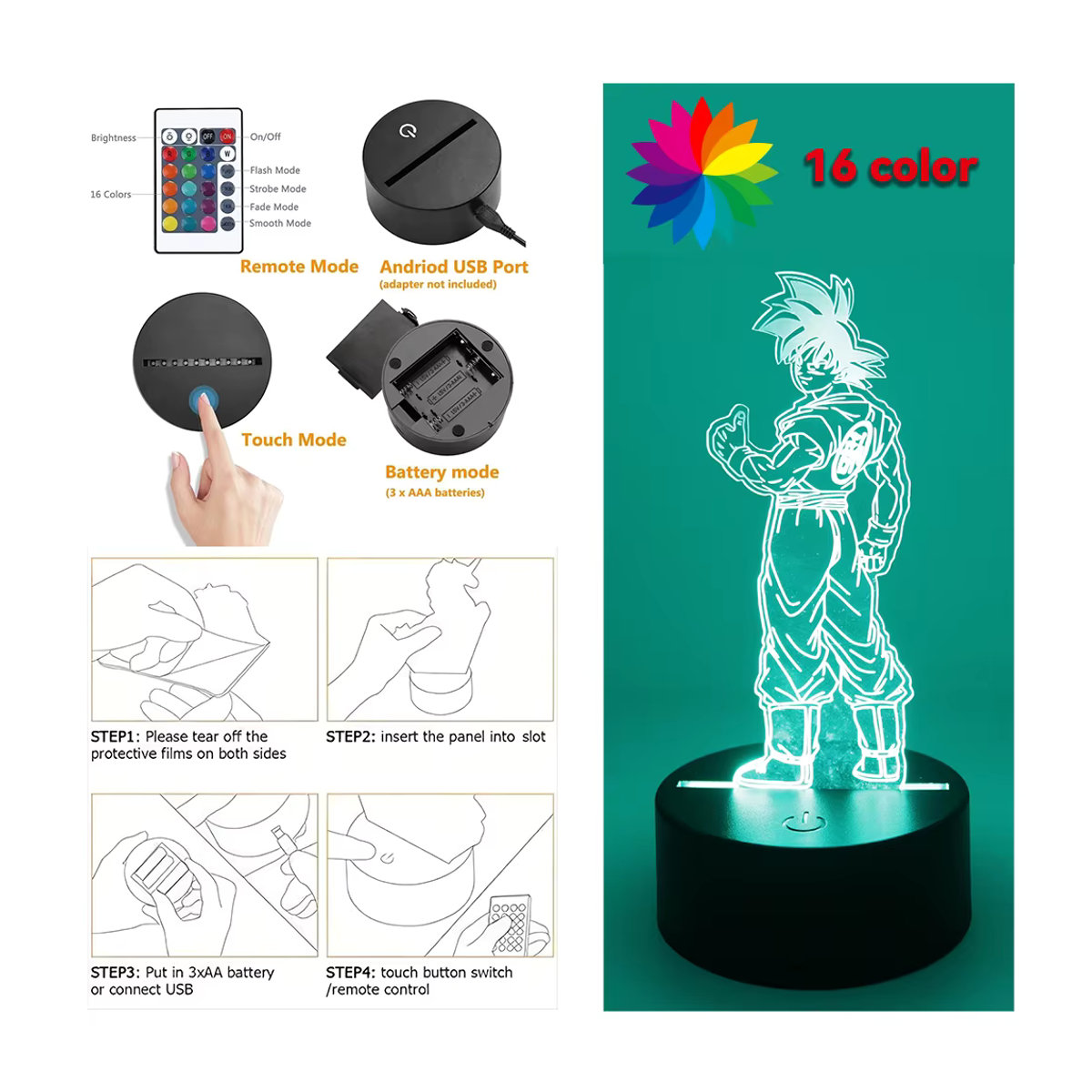 Bandai Anime Goku LED Nachtlicht mit RGB Beleuchtung für dein Gaming Zimmer und Schlafzimmer in Bunt - Bild 3