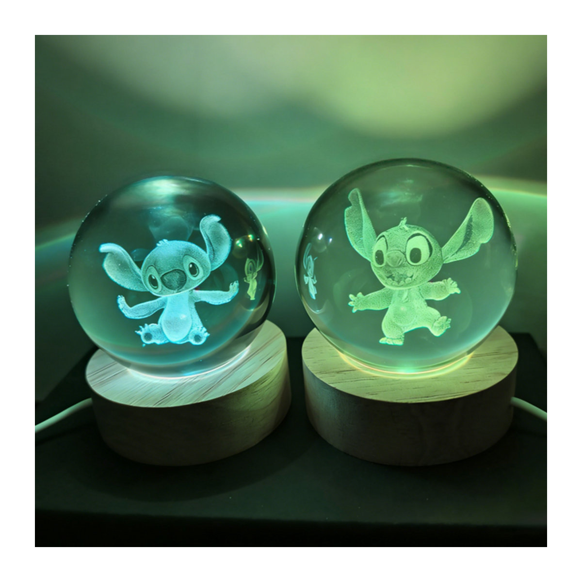 Bandai Anime Stitch 3D Kristallkugel Mini LED-Nachtlampe aus Holz mit warmweißem und buntem Licht zur Schreibtischdekoration - Bild 1