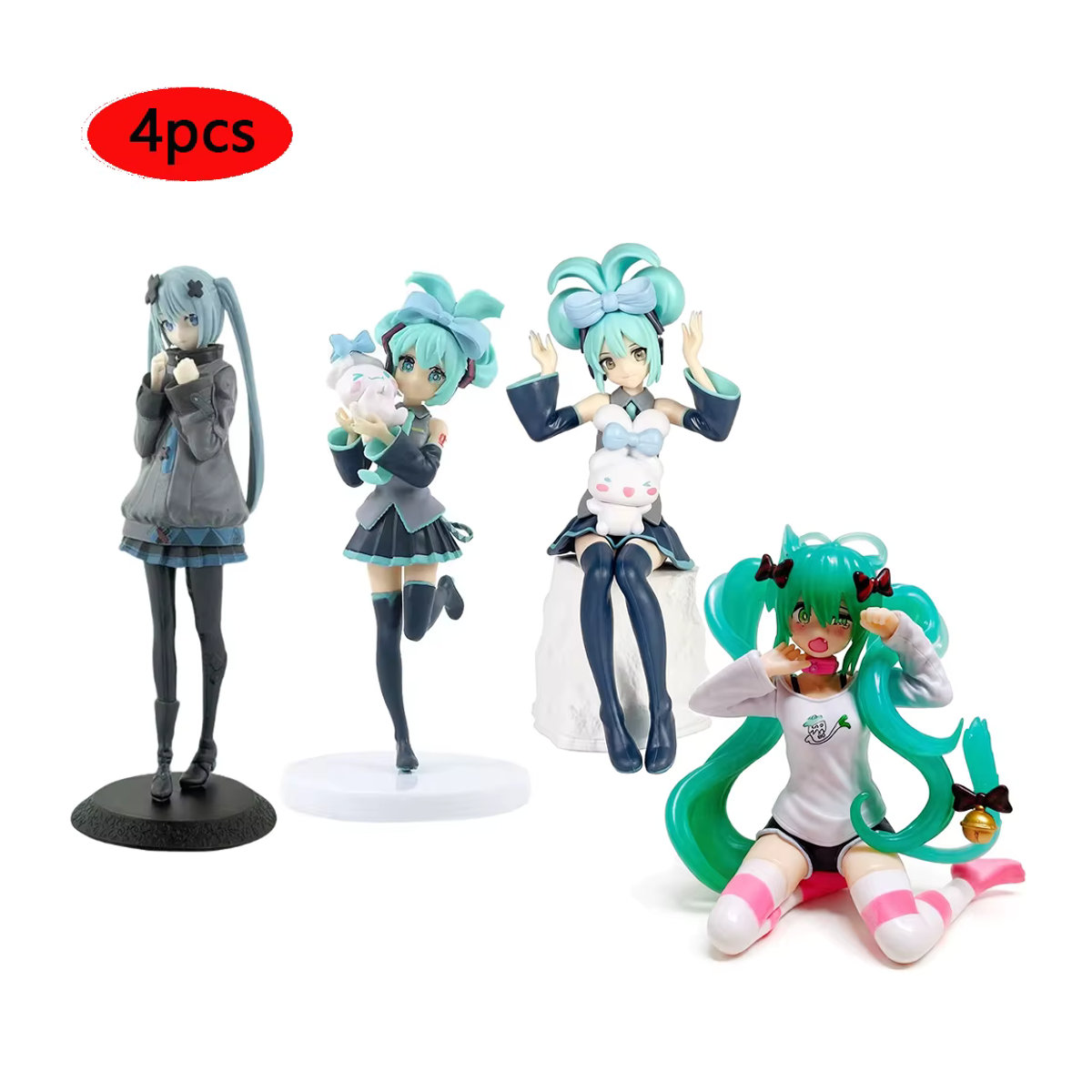 Bandai Hatsune Miku Anime-Figuren Set, 4 sitzende Manga-Mädchenfiguren mit Katzenohren, mehrfarbig, Kunststoff - Bild 1