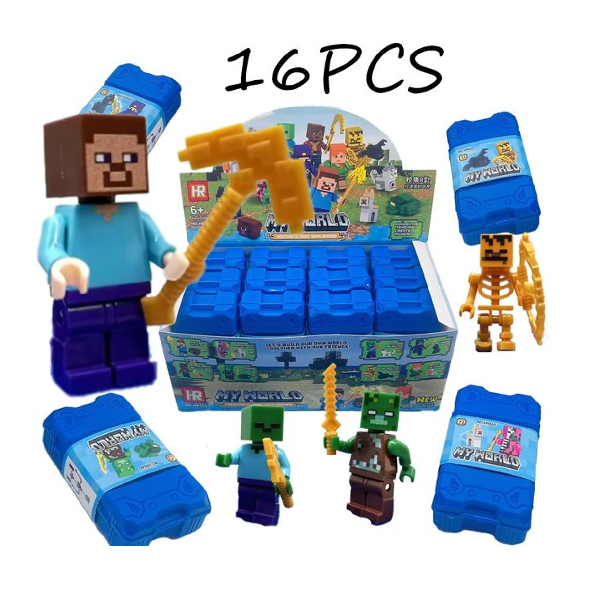 Bandai My World Figurenset Steve 16-teilig aus Kunststoff, mehrfarbiges PVC-Modell für Kinder und zur Desktop-Dekoration - Bild 1