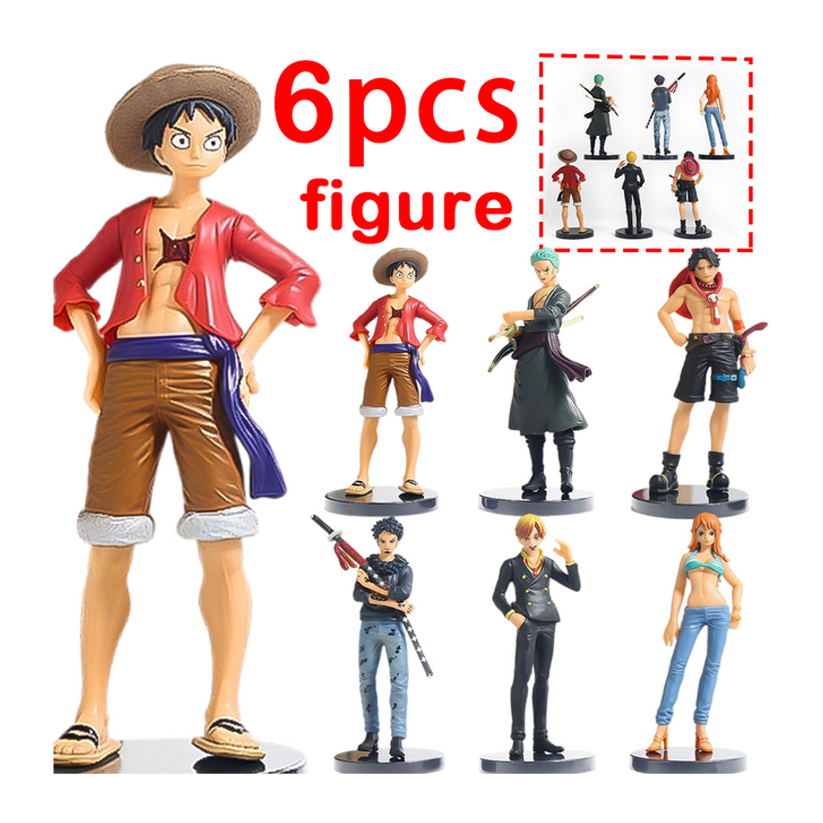 Bandai One Piece Anime Figuren Set Luffy Ace Zoro Sanji Nami aus Kunststoff, mehrfarbig - Bild 1