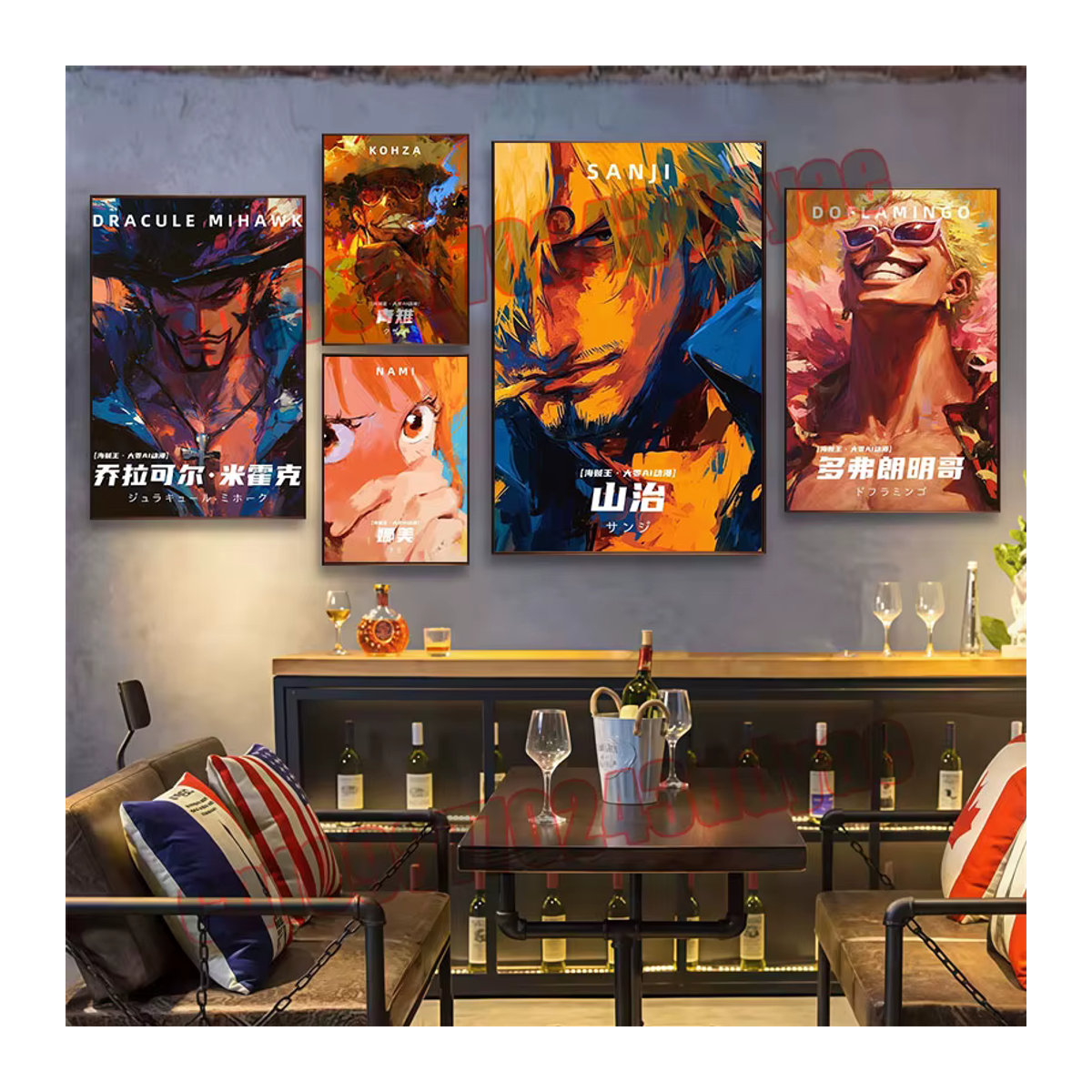 Bandai One Piece Anime Leinwandposter mit Sanji, Ruffy und Zoro in mehrfarbigem Art Deco Design für deine Wandmontage - Bild 1