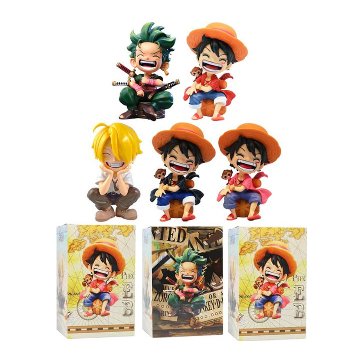 Bandai One Piece Q-Version Figuren Set Ruffy Sanji Zoro in sitzender Position, mehrfarbig aus Kunststoff - Bild 1