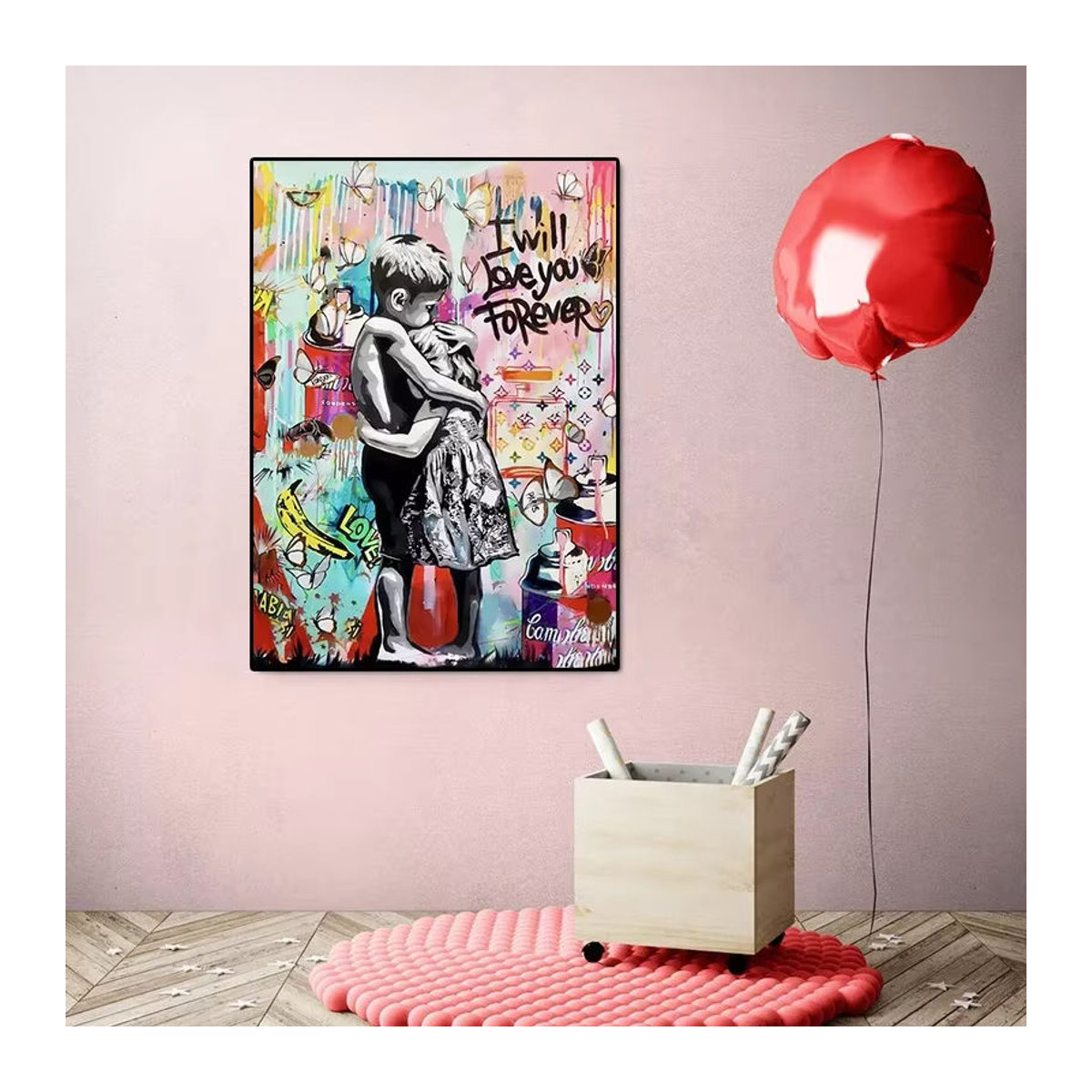 Banksy Graffiti Wandkunst im modernen Street Pop Stil als mehrfarbiger Leinwanddruck im Hochformat zur Dekoration von Wohnzimmer oder Schlafzimmer - Bild 1