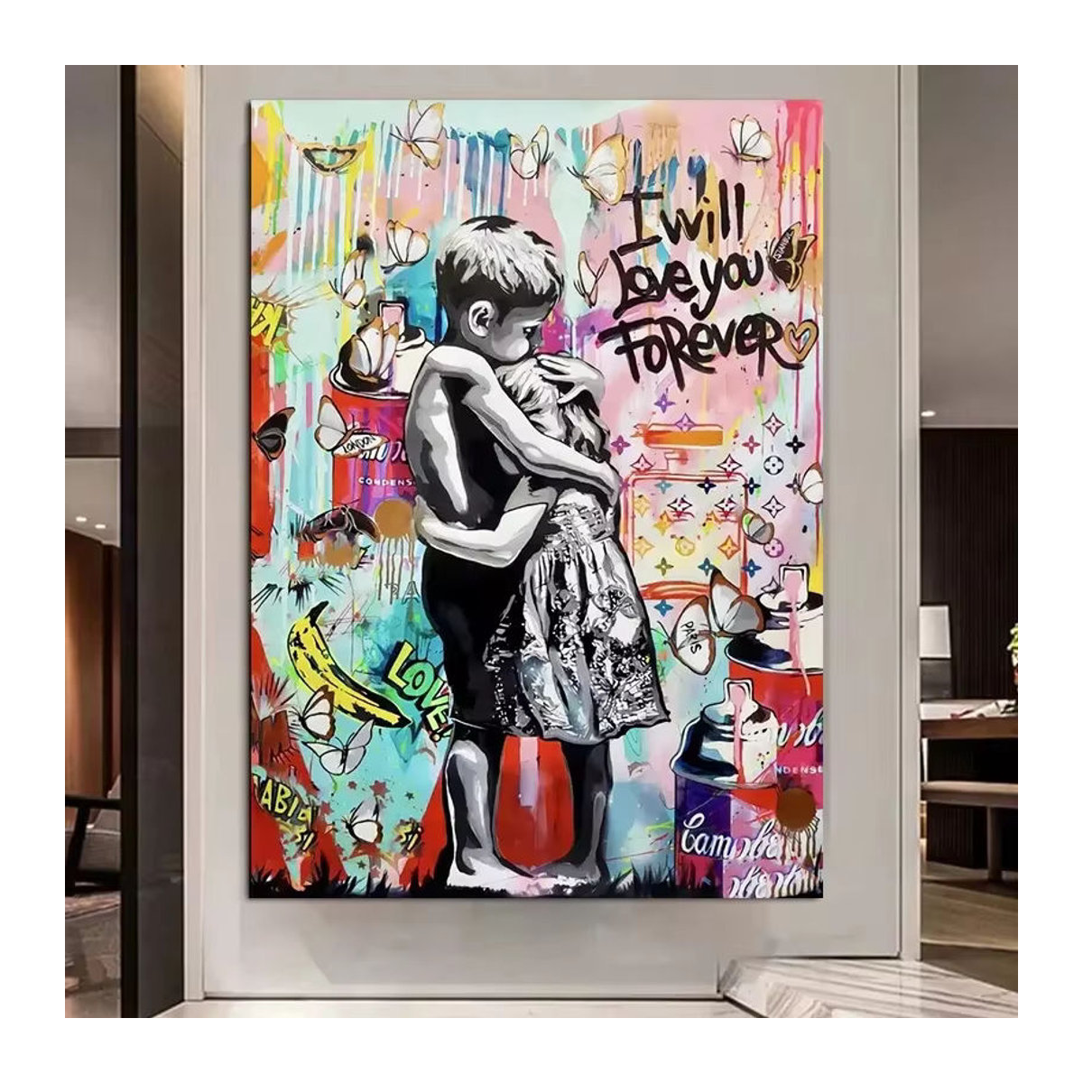 Banksy Graffiti Wandkunst im modernen Street Pop Stil als mehrfarbiger Leinwanddruck im Hochformat zur Dekoration von Wohnzimmer oder Schlafzimmer - Bild 2