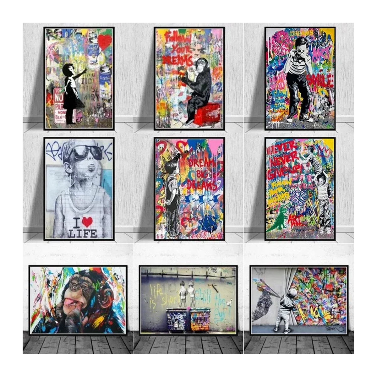 Banksy Kunst Leinwandposter mit Affen im Graffiti Street Art Stil, mehrfarbiges Wandbild für moderne Heimdekoration - Bild 1