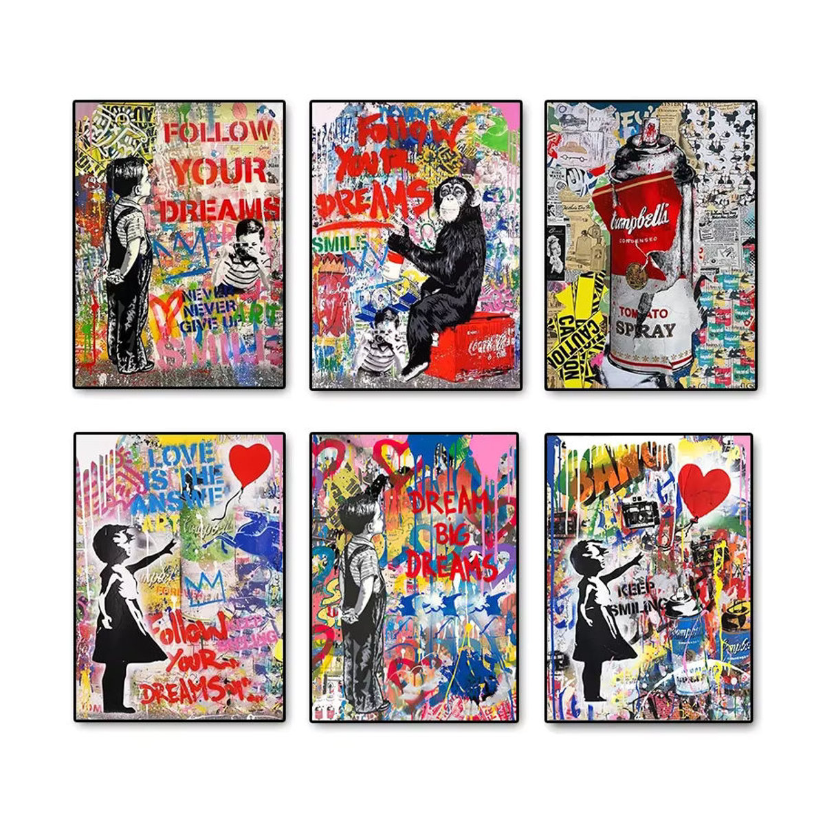 Banksy Street Art Leinwand Porträt in mehrfarbigem Design als modernes abstraktes Wandbild im Hochformat - Bild 1