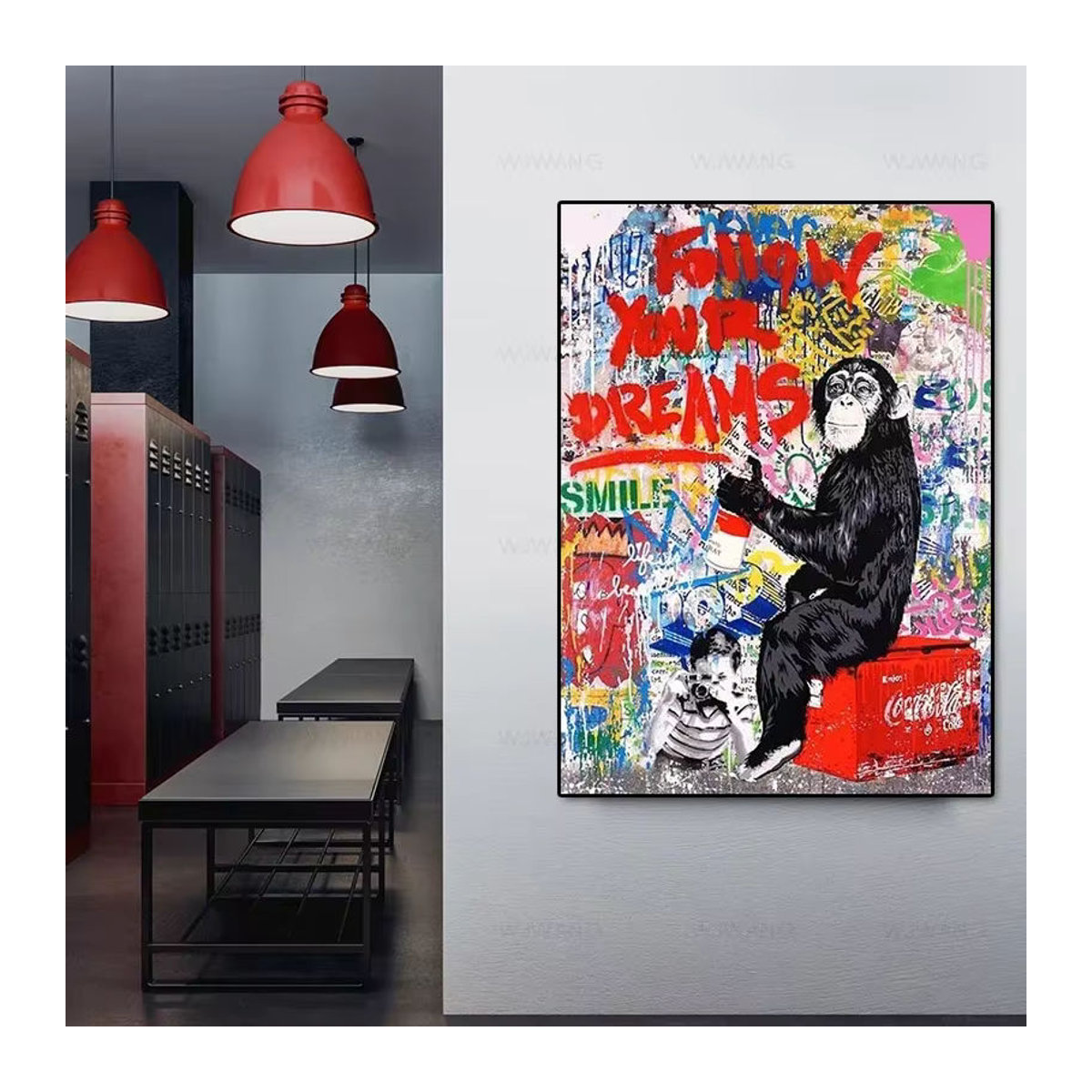 Banksy Street Art Leinwand Porträt in mehrfarbigem Design als modernes abstraktes Wandbild im Hochformat - Bild 2