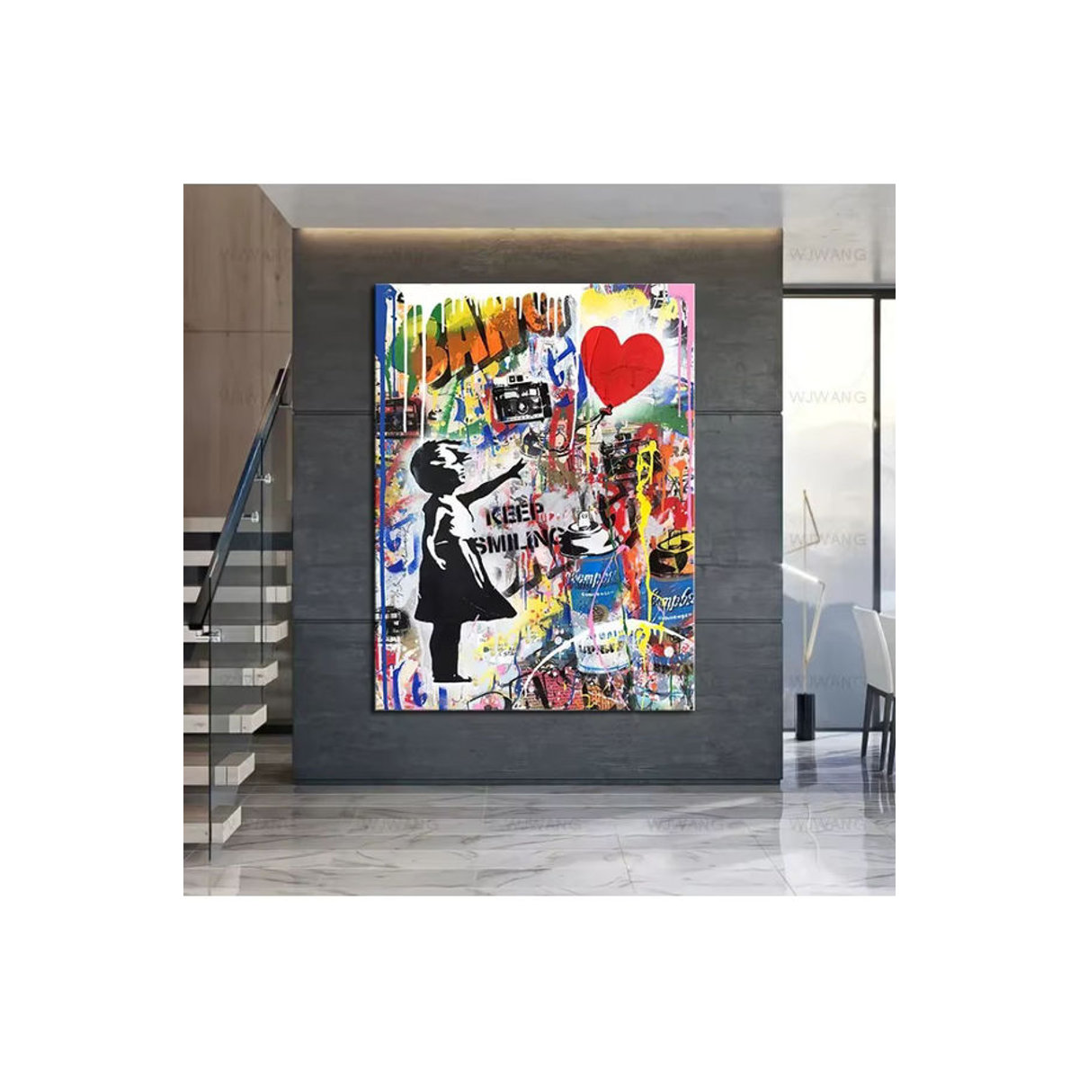 Banksy Street Art Leinwand Porträt in mehrfarbigem Design als modernes abstraktes Wandbild im Hochformat - Bild 3