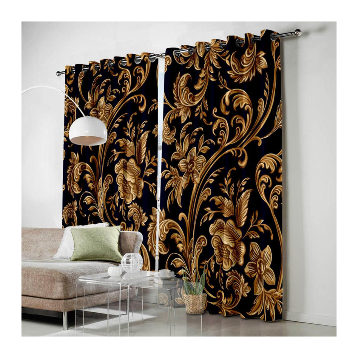Barocke Super Six Vorhänge mit goldenem Blumenblatt-Design, transparent, Breite: 135 cm, Höhe: 230 cm - Bild 6