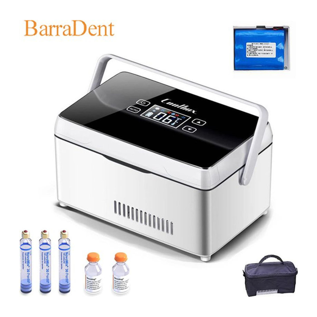BarraDent Insulin-Kühlschrank mit 7800mAh Akku und Tasche, Tragbarer Medikamenten-Thermostat-Kühler für Auto und Reisen, Schwarz oder Weiß - Bild 1