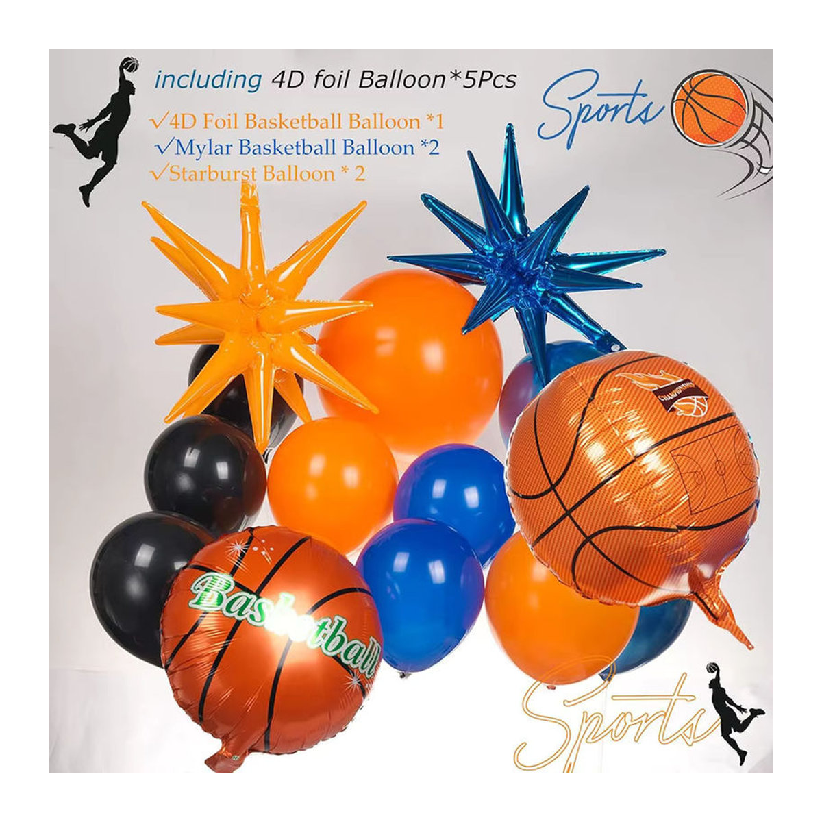 Basketball Ballon Girlande Set in Orange, Blau und Schwarz mit 4D Stern Explosion für deine Sport Thema Geburtstagsparty - Bild 2