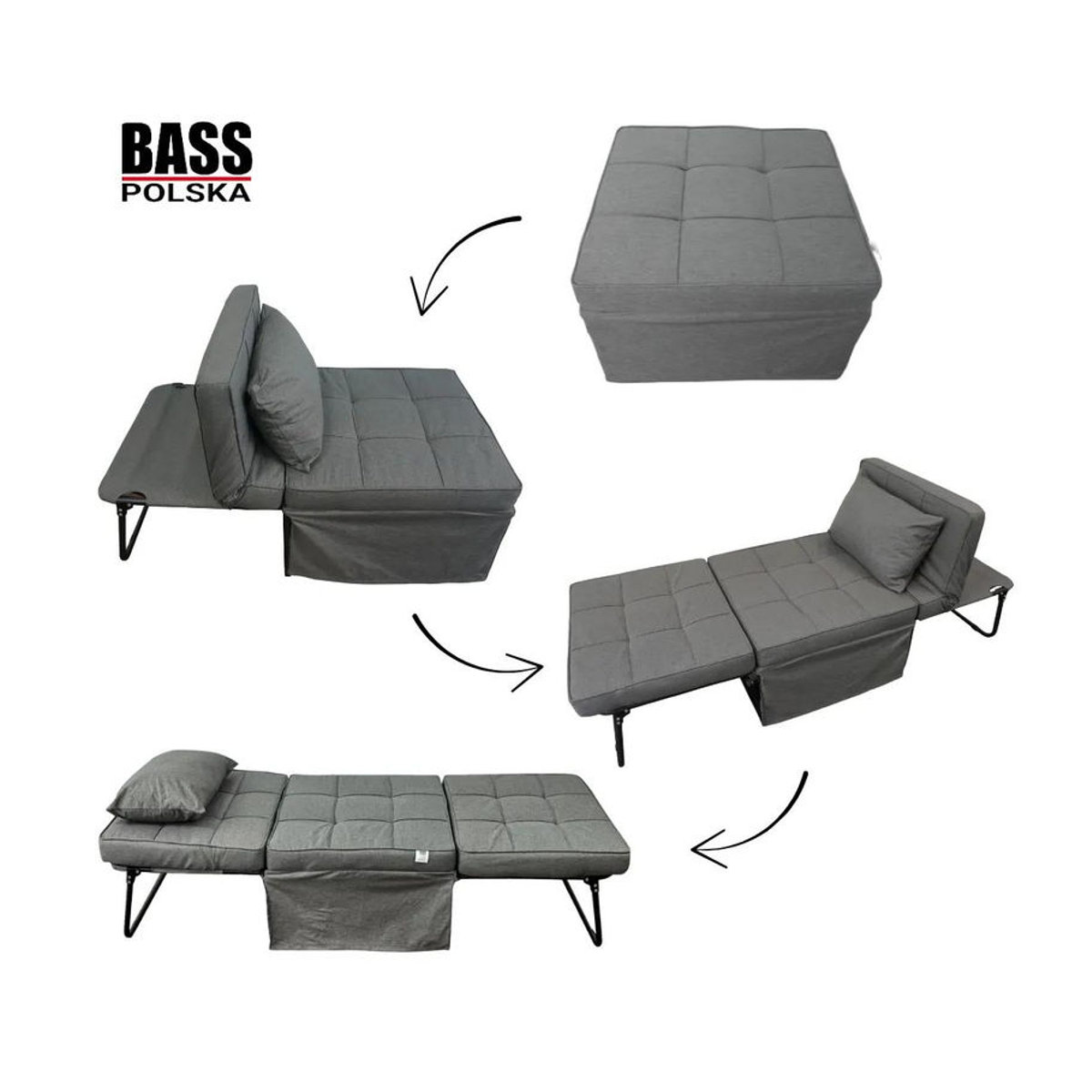 Bass Polska Ausklappbarer 2-in-1 Hocker in Grau mit Stoffbezug und Metallgestell - Bild 4
