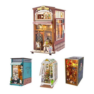 Battoom Miniatur Bücherregal aus Holz im Vintage-Design als Puppenhaus-Bausatz und Buchstütze, mehrfarbig