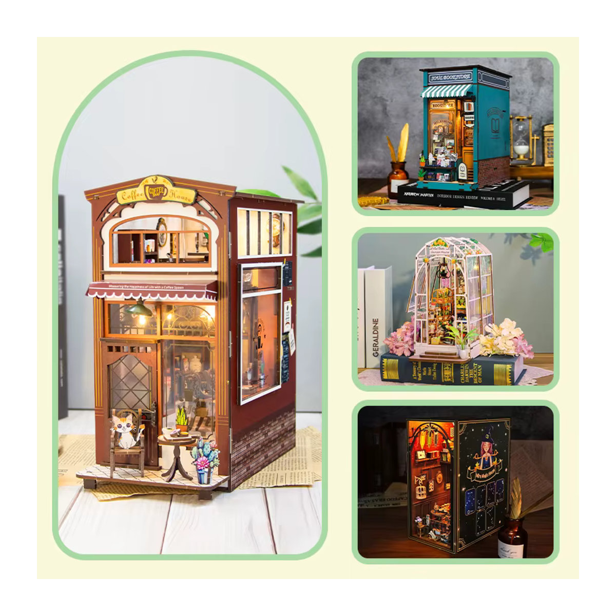 Battoom Miniatur Bücherregal aus Holz im Vintage-Design als Puppenhaus-Bausatz und Buchstütze, mehrfarbig - Bild 2