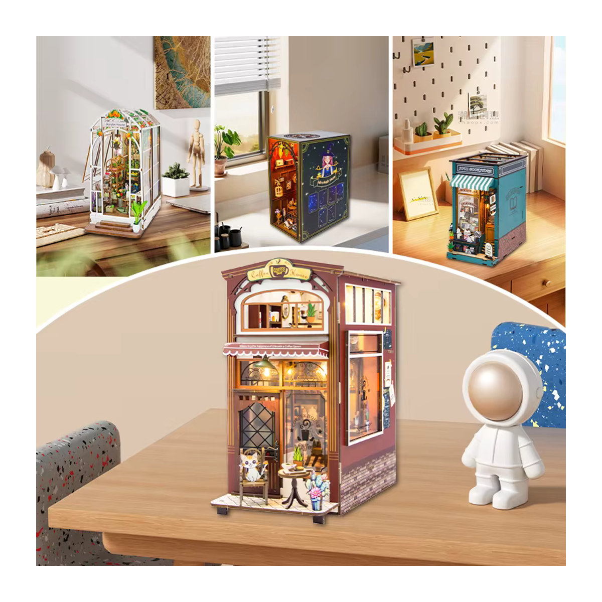 Battoom Miniatur Bücherregal aus Holz im Vintage-Design als Puppenhaus-Bausatz und Buchstütze, mehrfarbig - Bild 4