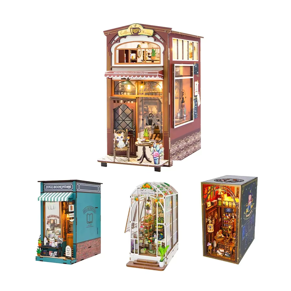 Battoom Miniatur Bücherregal aus Holz im Vintage-Design als Puppenhaus-Bausatz und Buchstütze, mehrfarbig - Bild 5