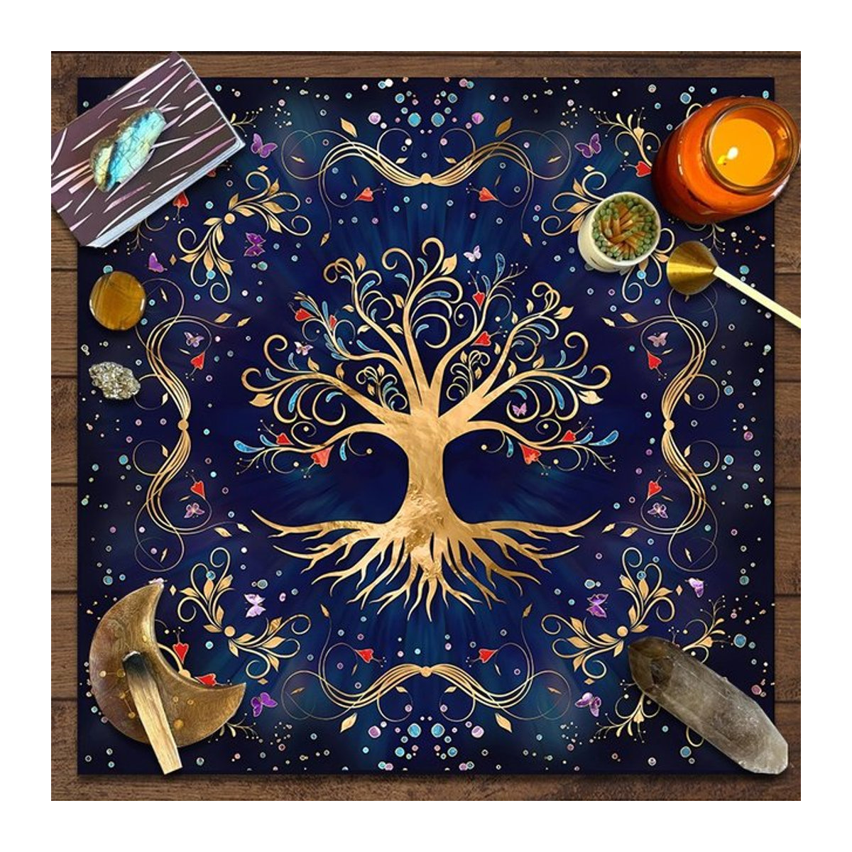 Baum des Lebens Tarot Tischdecke aus Polyester mit Mondphase und Blumenmuster in Blau - Bild 1