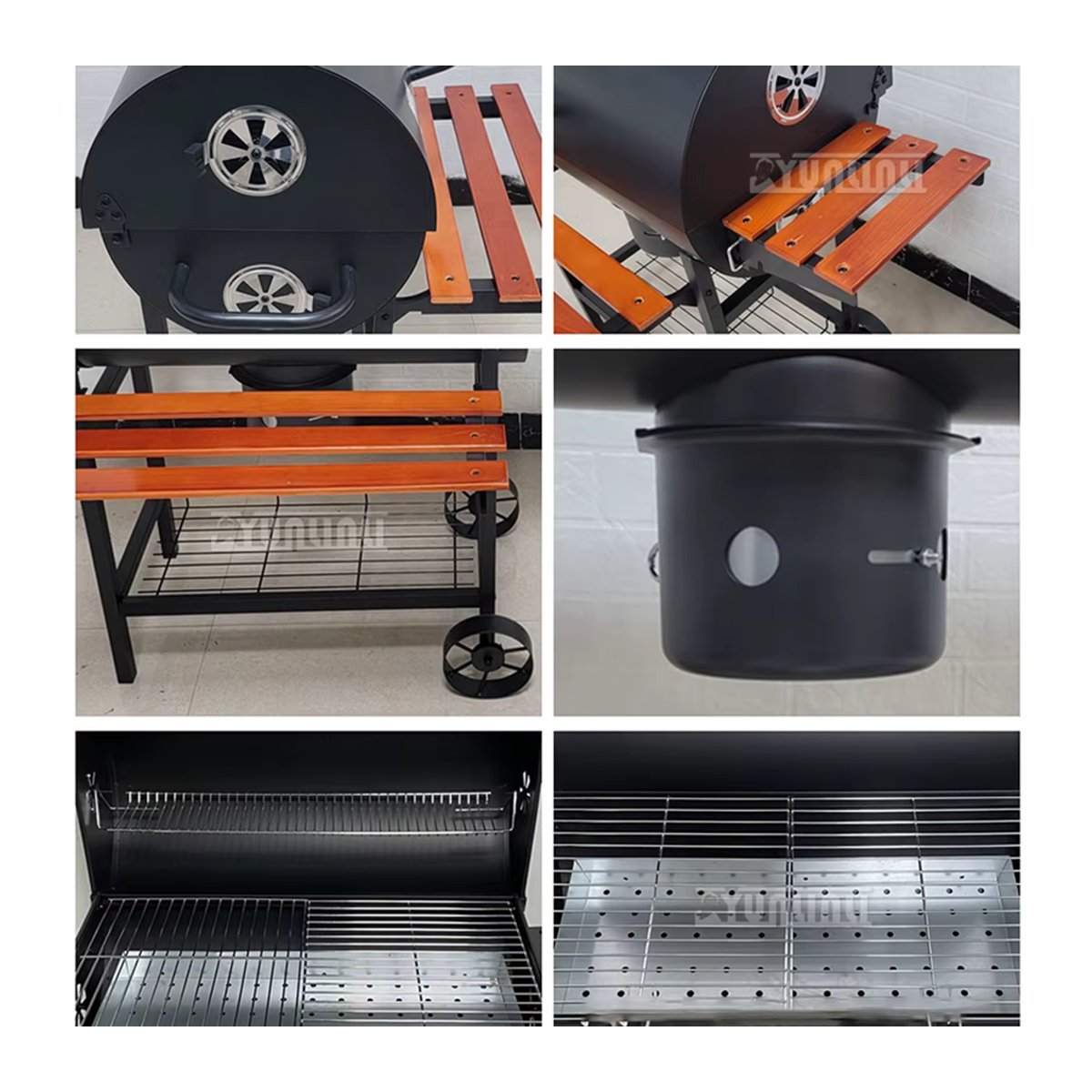 BBQ Holzkohlegrill im Barrel-Stil aus verchromtem Eisen in Schwarz mit Thermometer und drei Racks - Bild 6