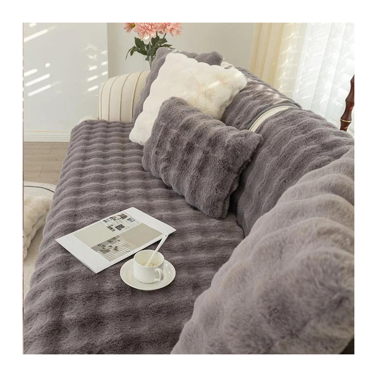 BC-Warm Home Sofa-Schonbezug aus Kaninchen-Plüsch in Grün, rutschfest und superweich, B/B: 70 x 70 cm - Bild 2