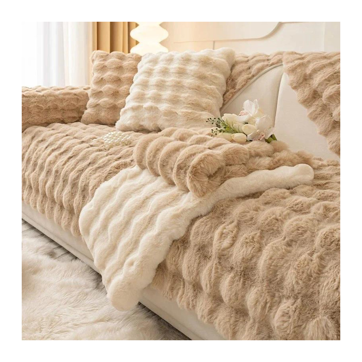 BC-Warm Home Sofa-Schonbezug aus Kaninchen-Plüsch in Grün, rutschfest und superweich, B/B: 70 x 70 cm - Bild 3