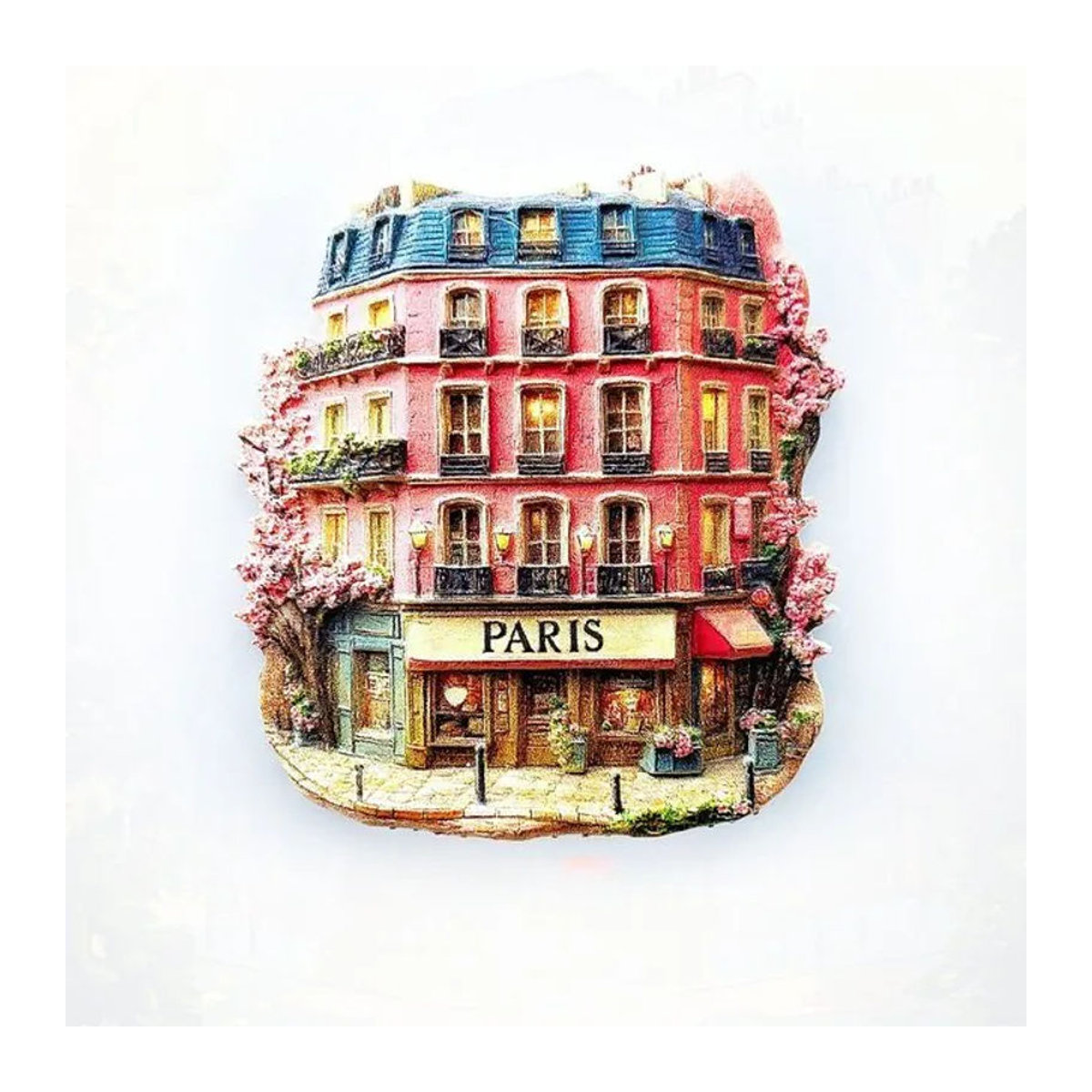 BearPaw Kühlschrankmagnet Paris Frankreich mit rosa 3D Haus und Kirschblüten aus Kunstharz in Vintage-Optik - Bild 1