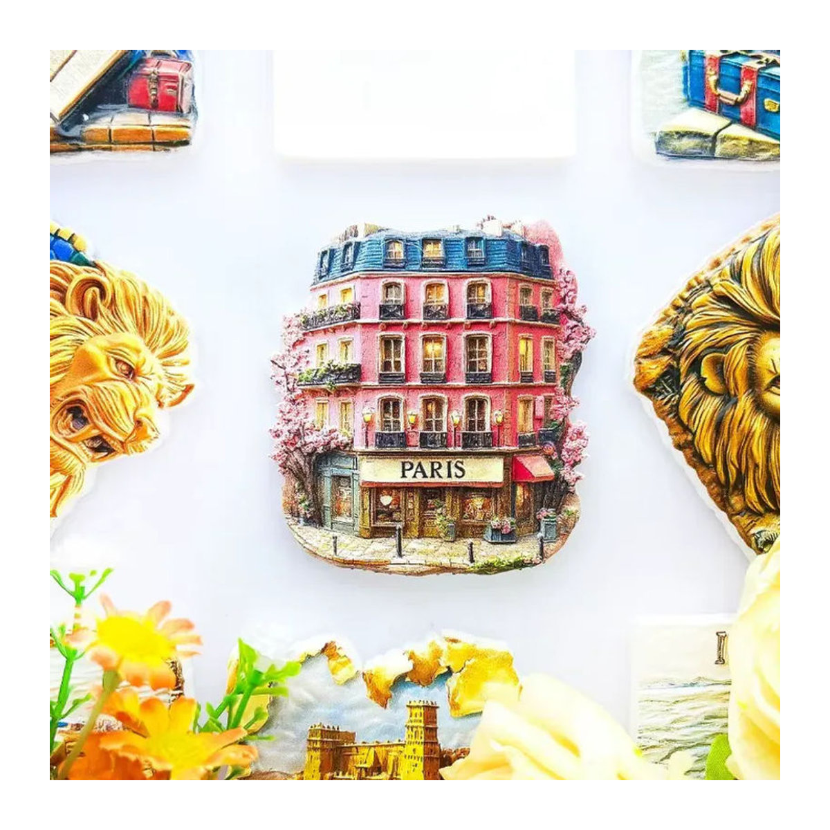 BearPaw Kühlschrankmagnet Paris Frankreich mit rosa 3D Haus und Kirschblüten aus Kunstharz in Vintage-Optik - Bild 3