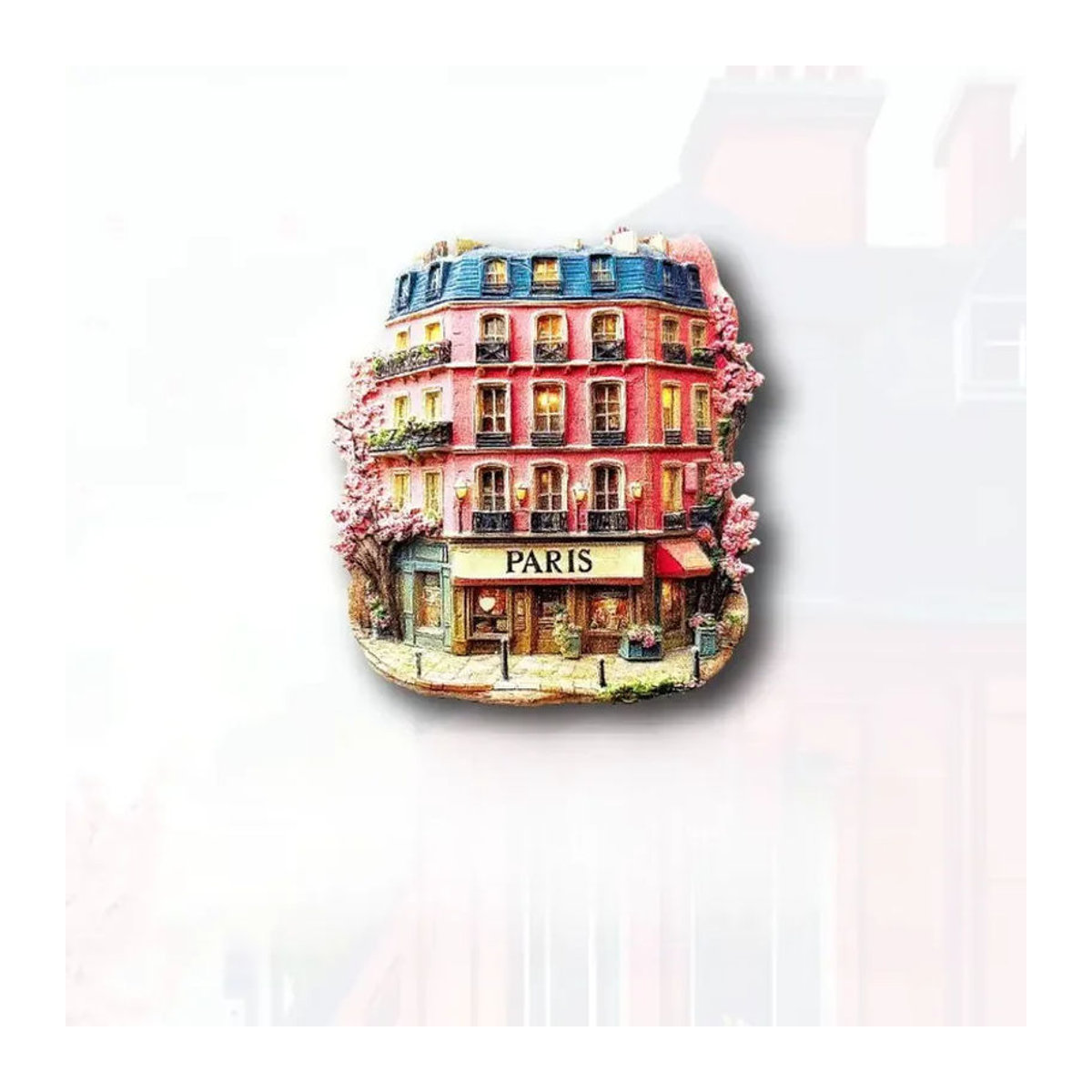 BearPaw Kühlschrankmagnet Paris Frankreich mit rosa 3D Haus und Kirschblüten aus Kunstharz in Vintage-Optik - Bild 4